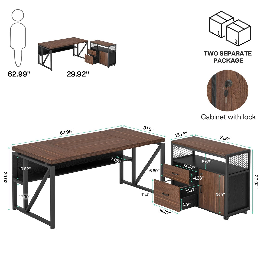 63" Executive Deskwith Drawer Cabinet, L Shaped Desk and lateral File Cabinet, 2 Piece Home Office Furniture Set with Drawers for Hanging, Doors with Locks (Dark Brown, 63 inches)
