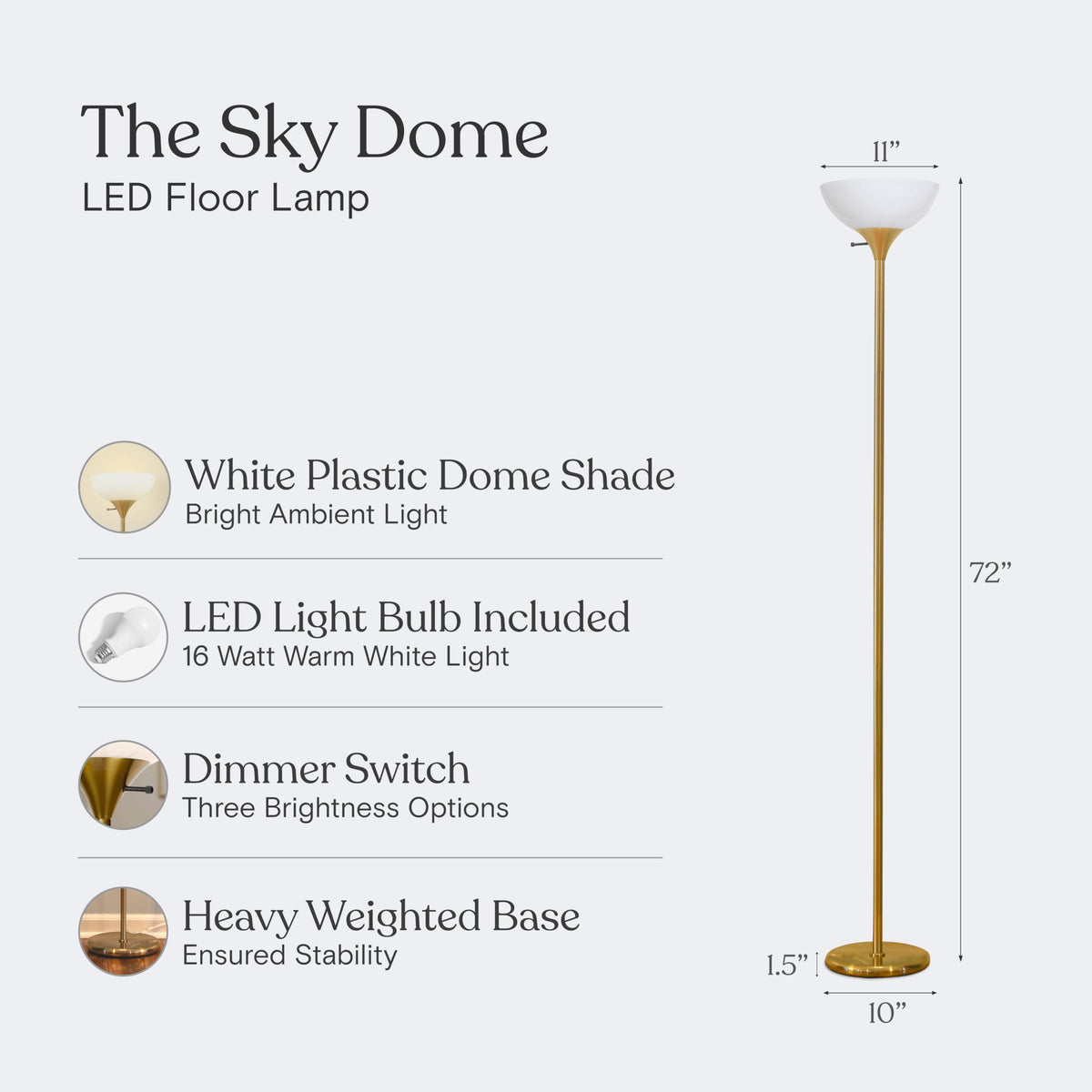 Sky Dome Dimmable LED Floor Lamp, Torchiere Floor Lamp for Living Room, Bedroom, & Office – Tall Torch Standing Lamp for Reading, Modern Home Decor – Brass/Gold