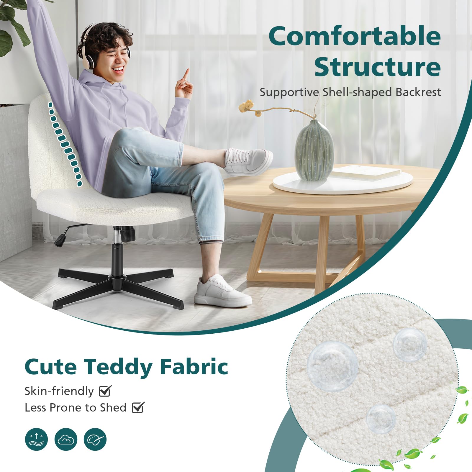 Criss Cross Chairs Legged Armless No Wheels Wide Seat Height Adjustable Swivel Rolling Padded Furry Cute Home Office Desk Seating for Bedroom, Student, Study Room
