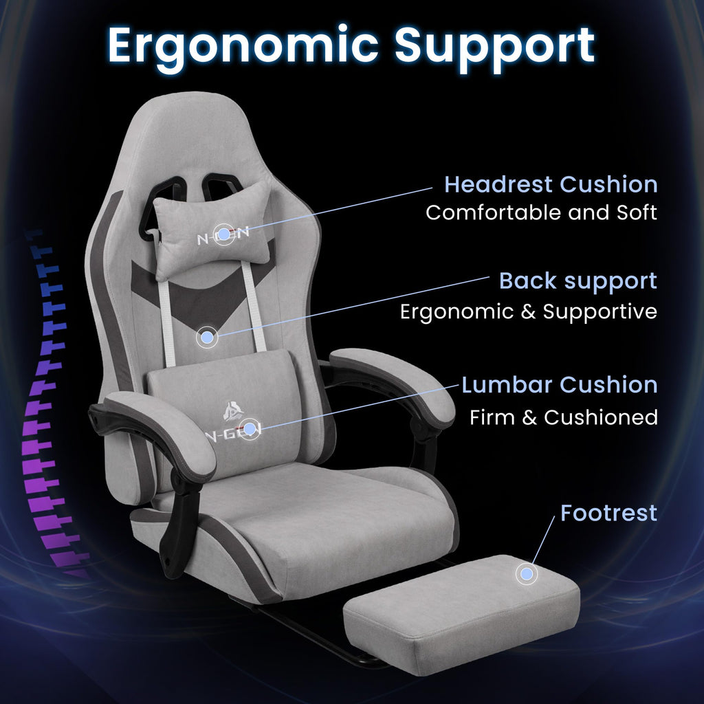 Gaming Chair with Footrest Lumbar Support for Home Office High Back Recliner Height Adjustable Ergonomic Comfy Fabric Computer Desk Chair (Grey)