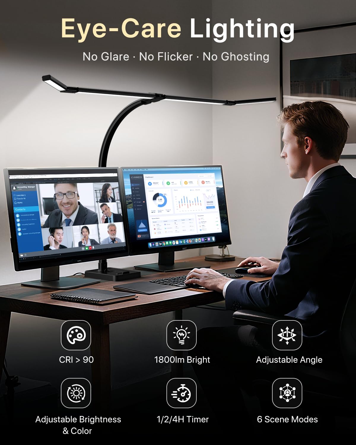 42" LED Desk Lamp for Home Office, Eye-Caring Desk Light with Adjustable 4-Segment Bar, 1800LM Bright, Remote, Architect Table Lamp with Base for Dual Monitors, Reading, Study, Workbench(Black)