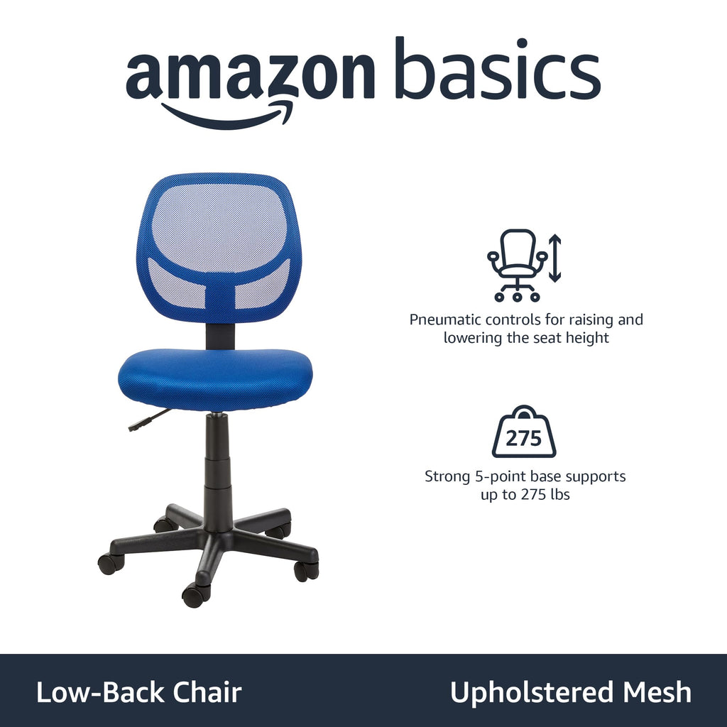 Low Back Office Chair, Breathable Mesh, Height Adjustable, Padded Seat, Rolling Wheels, Swivel, Blue, 21.25" D x 22.5" W x 38" H
