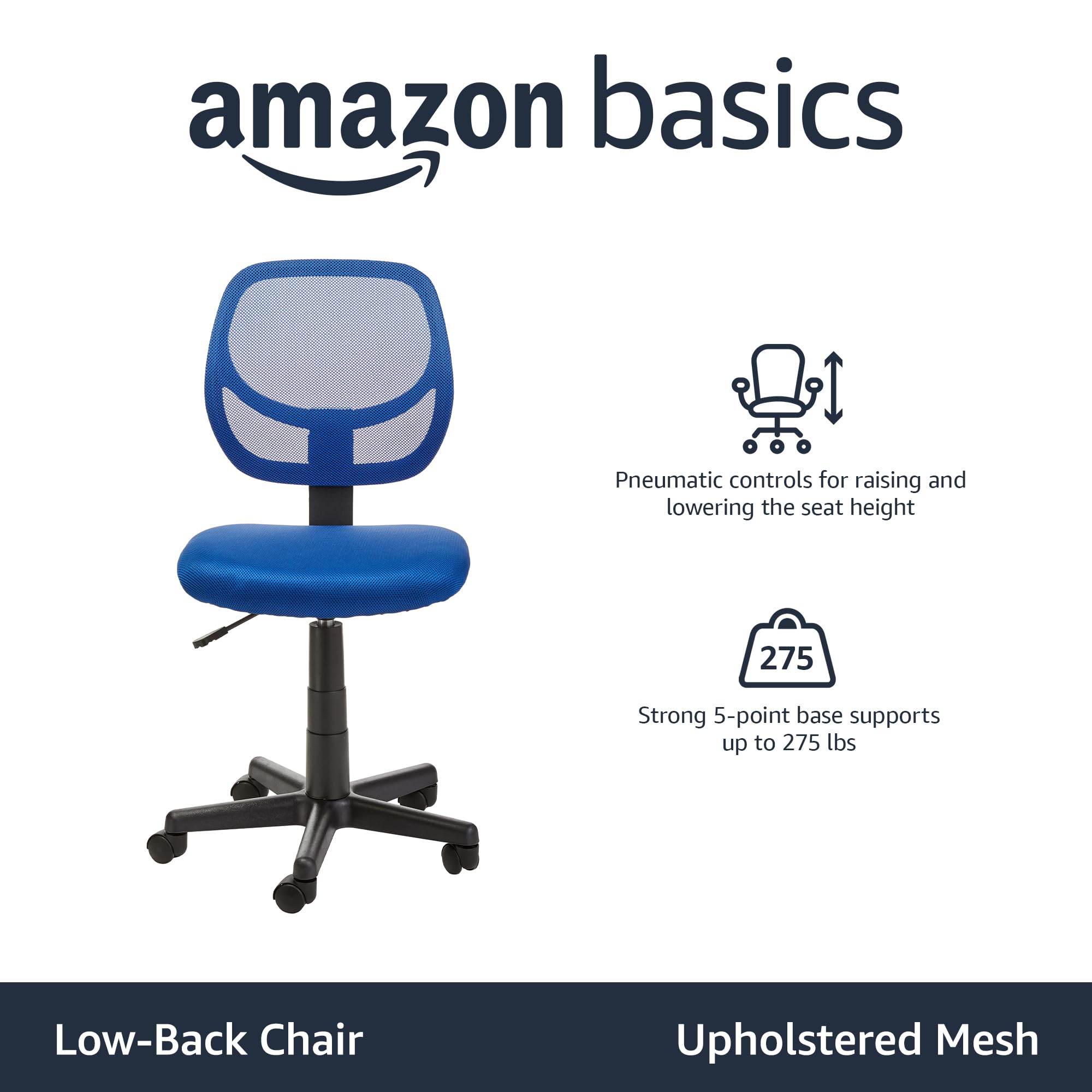 Low Back Office Chair, Breathable Mesh, Height Adjustable, Padded Seat, Rolling Wheels, Swivel, Blue, 21.25" D x 22.5" W x 38" H