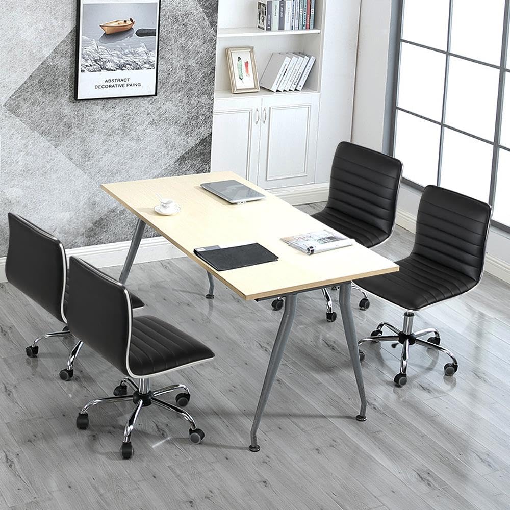 Adjustable Task Chair PU Leather Low Back Ribbed Armless Swivel Black Desk Chair Office Chair Wheels