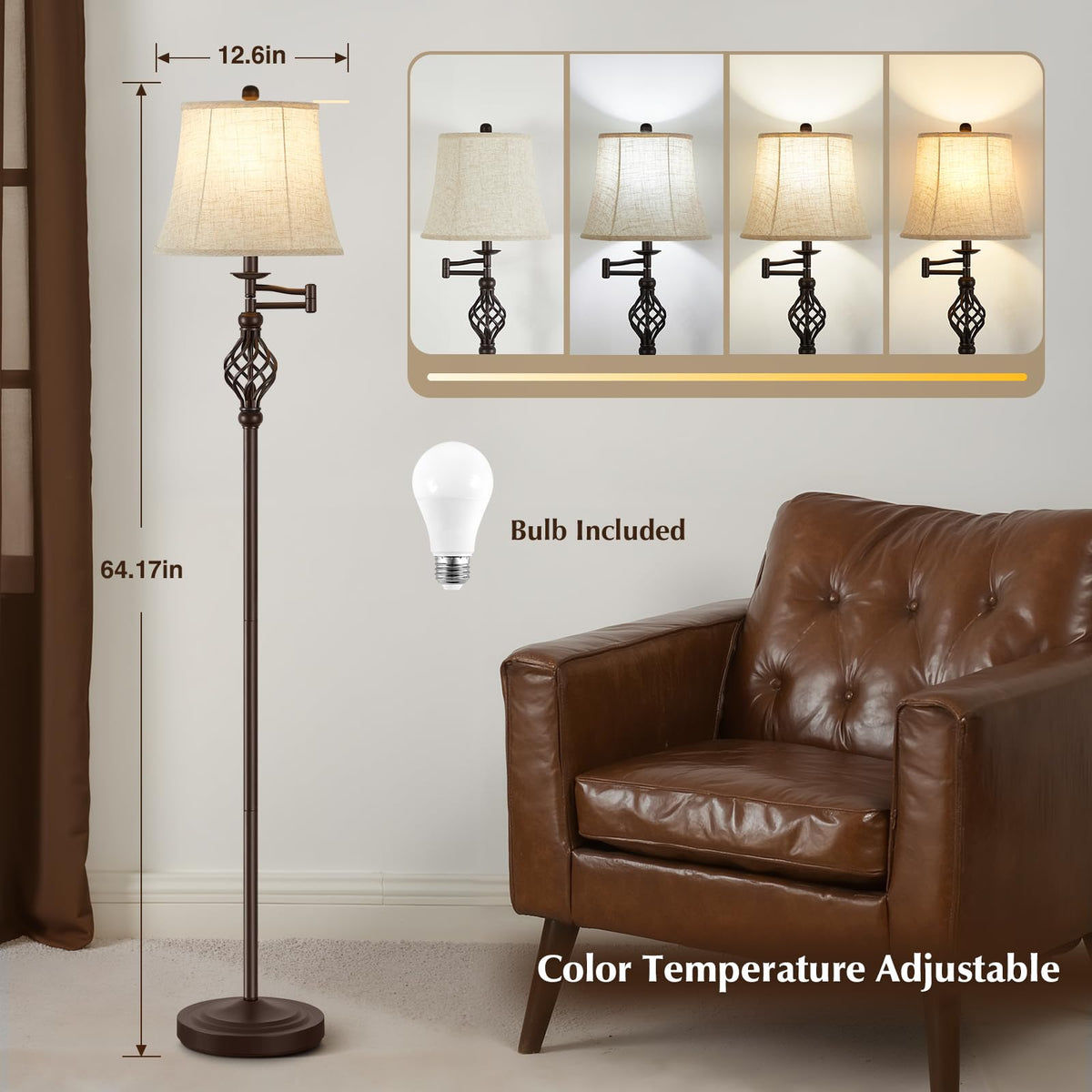 Color Temperature Adjustable Floor lamp, Traditional 350° Adjustable Swing Arm Floor Lamp Vintage Pole lamp Farmhouse Lamp for Living Rooms, Rustic Standing Lamp for Bedroom Reading(Red Brown)