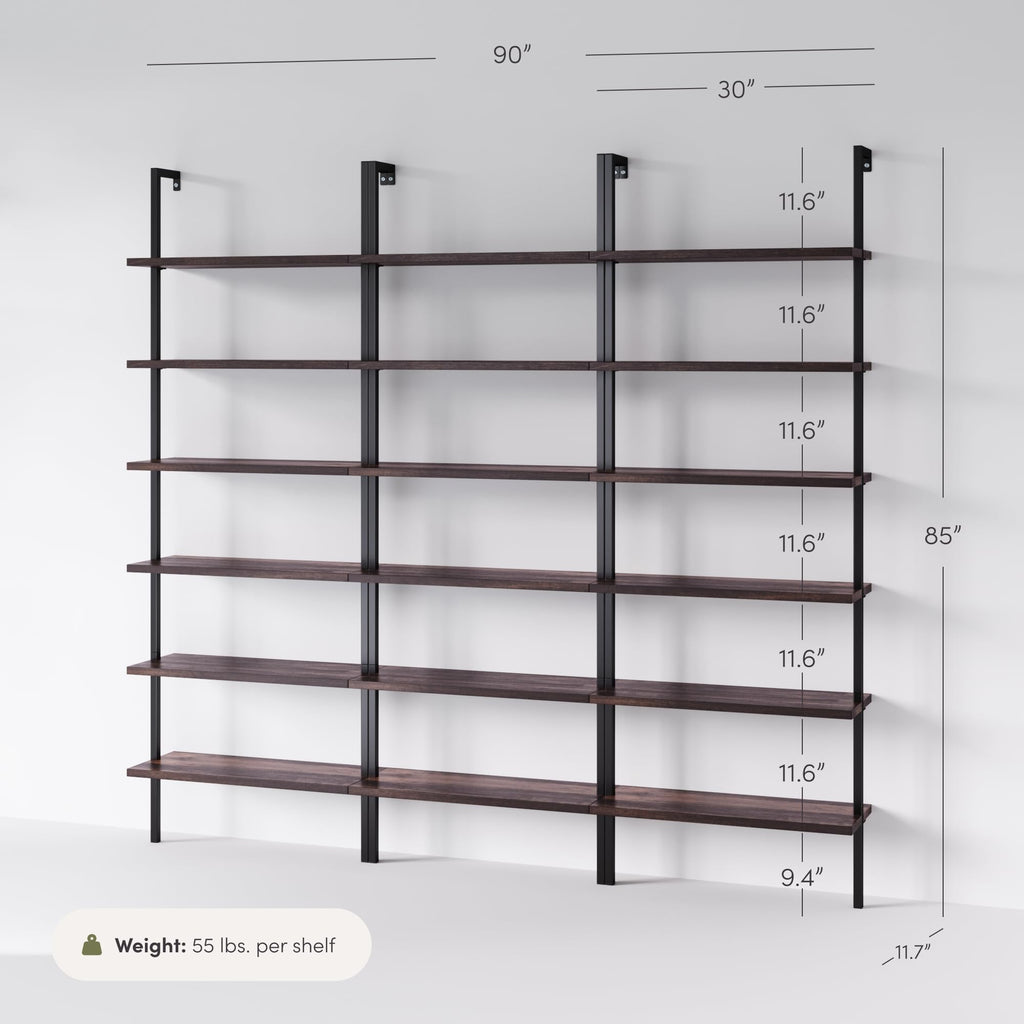 Set of 3, 6-Shelf Tall Bookcase, Wall Mount Bookshelf with Natural Wood Finish and Industrial Metal Frame, Nutmeg/Matte Black