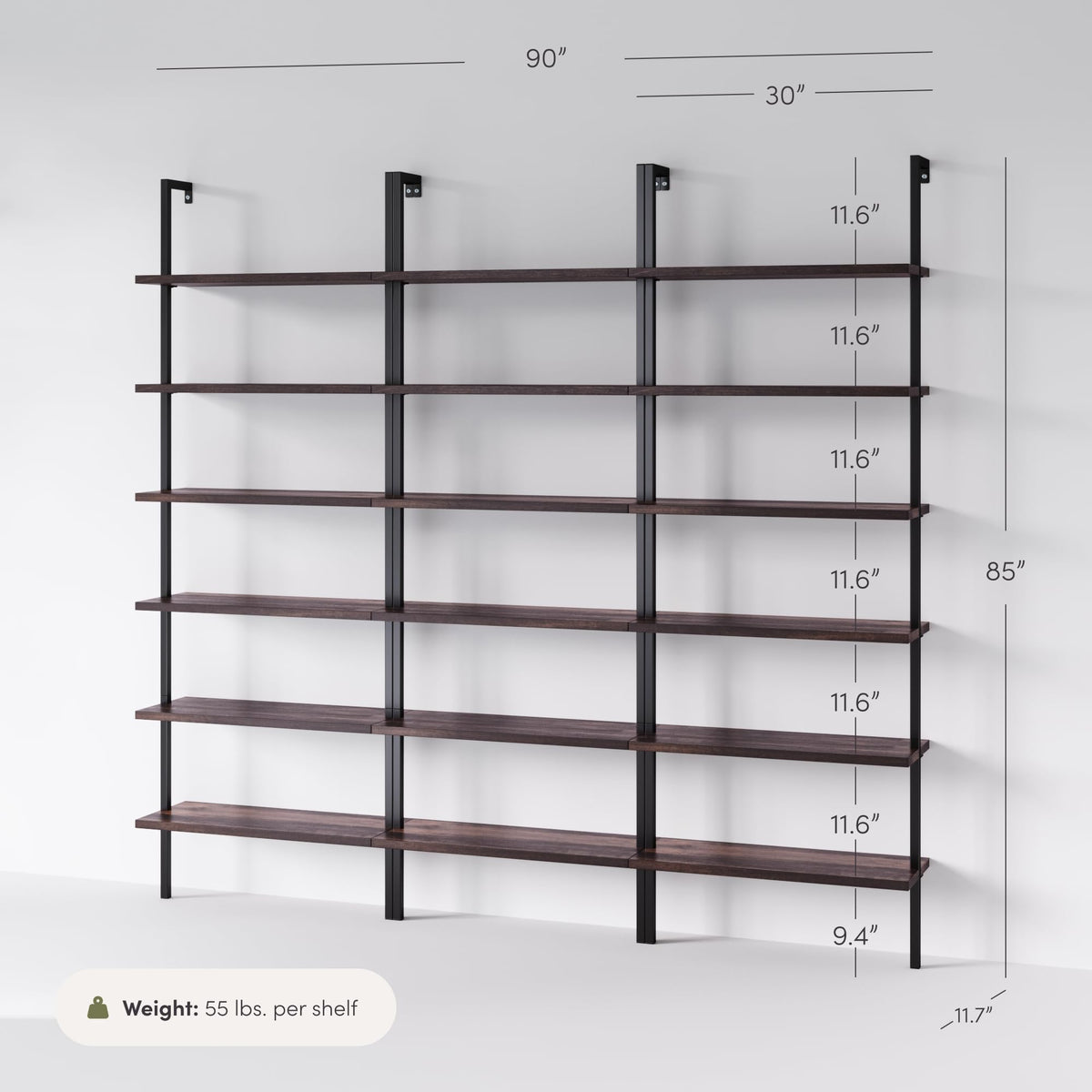 Set of 3, 6-Shelf Tall Bookcase, Wall Mount Bookshelf with Natural Wood Finish and Industrial Metal Frame, Nutmeg/Matte Black