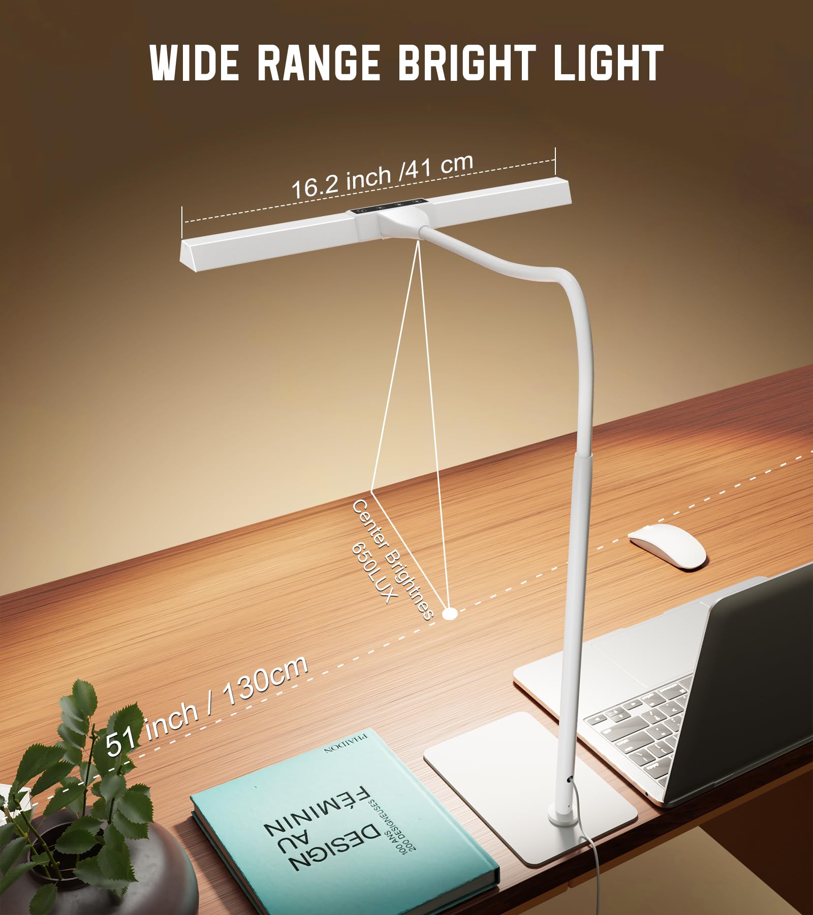 Desk Lamp for Office with Base, Eye-Caring Desk Light with Adjustable Gooseneck, 12W USB Adapter Touch Control 5 Dimmable Brightness & Color Tall Lamp for Work, Computer, Study, Task