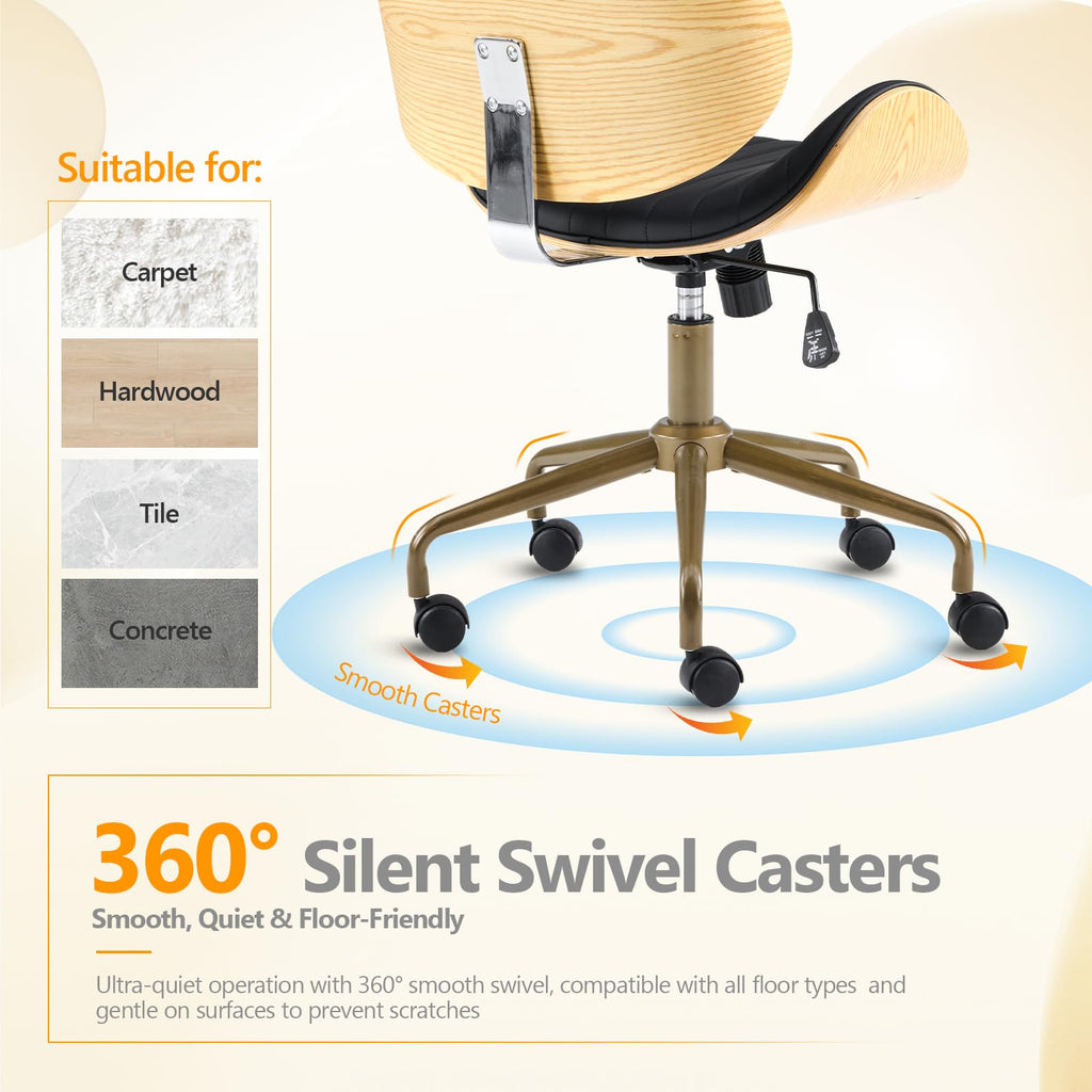 Wide Comfotable Swivel Home Office Chair with Wood-Grain Curved Shell,Ergomomic Mid-Back Padded Armless Rolling Desk Chair with Wheels,Height Adjustable for Computer,Task,Work,PU Leather,Black