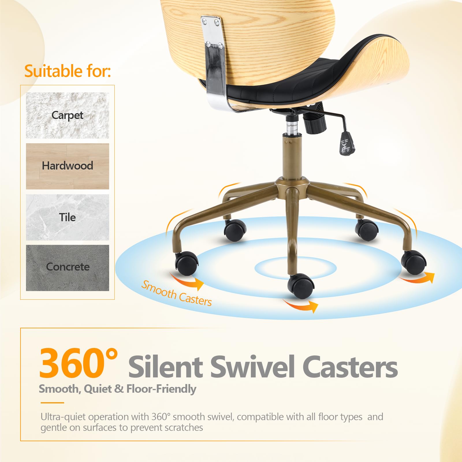 Wide Comfotable Swivel Home Office Chair with Wood-Grain Curved Shell,Ergomomic Mid-Back Padded Armless Rolling Desk Chair with Wheels,Height Adjustable for Computer,Task,Work,PU Leather,Black