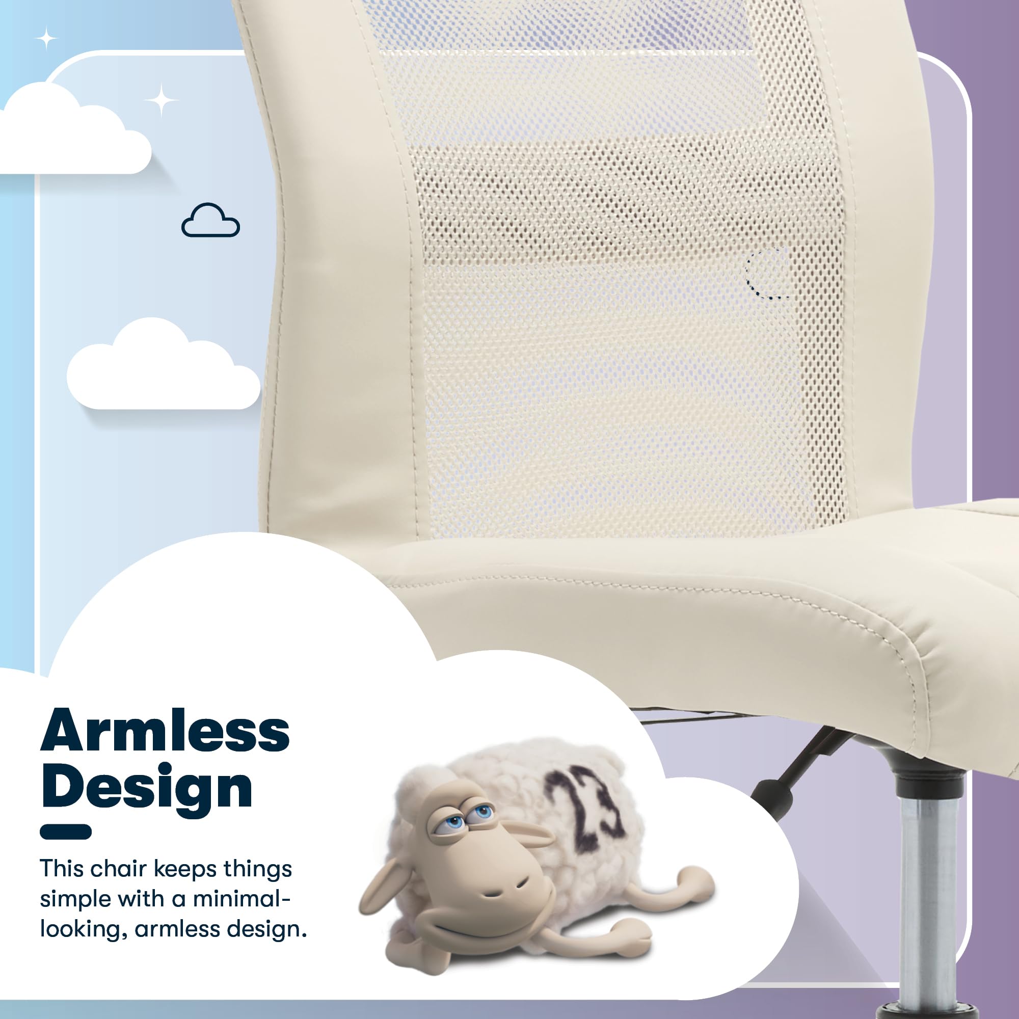 Essential Armless Chair, Small Desk Chairs with Wheels, Breathable Mesh Back and Faux Leather, Quality Foam Cushion Seat for Comfort, Minimal Design for Vanity Table, Cream White