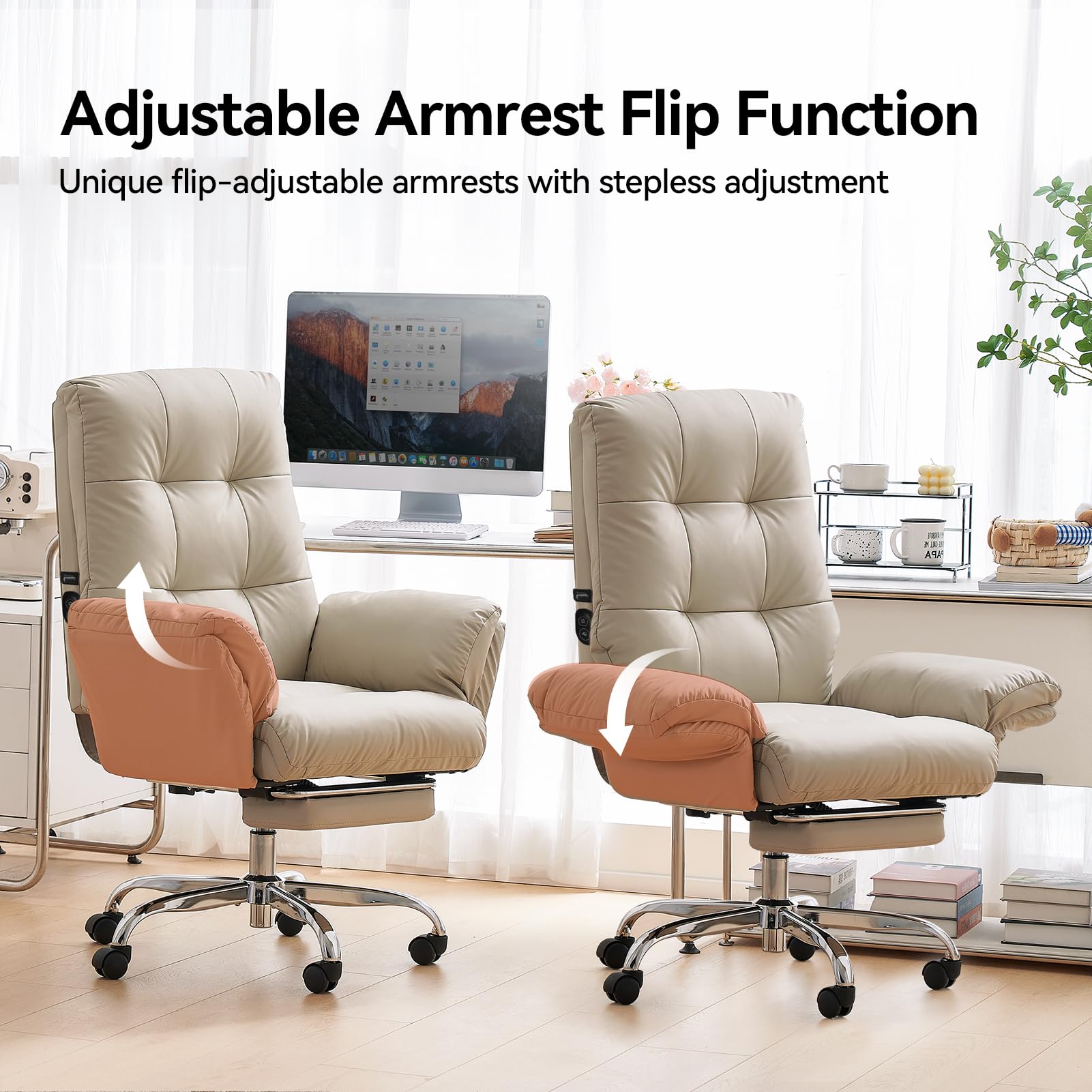 Heated and Massage Office Chair with Foot Rest Criss Cross Chair with Wheels and Flip-up Arms Reclining Desk Chair Comfy Wide Seat PU Leather Rolling Computer Home Office Chair (Beige)
