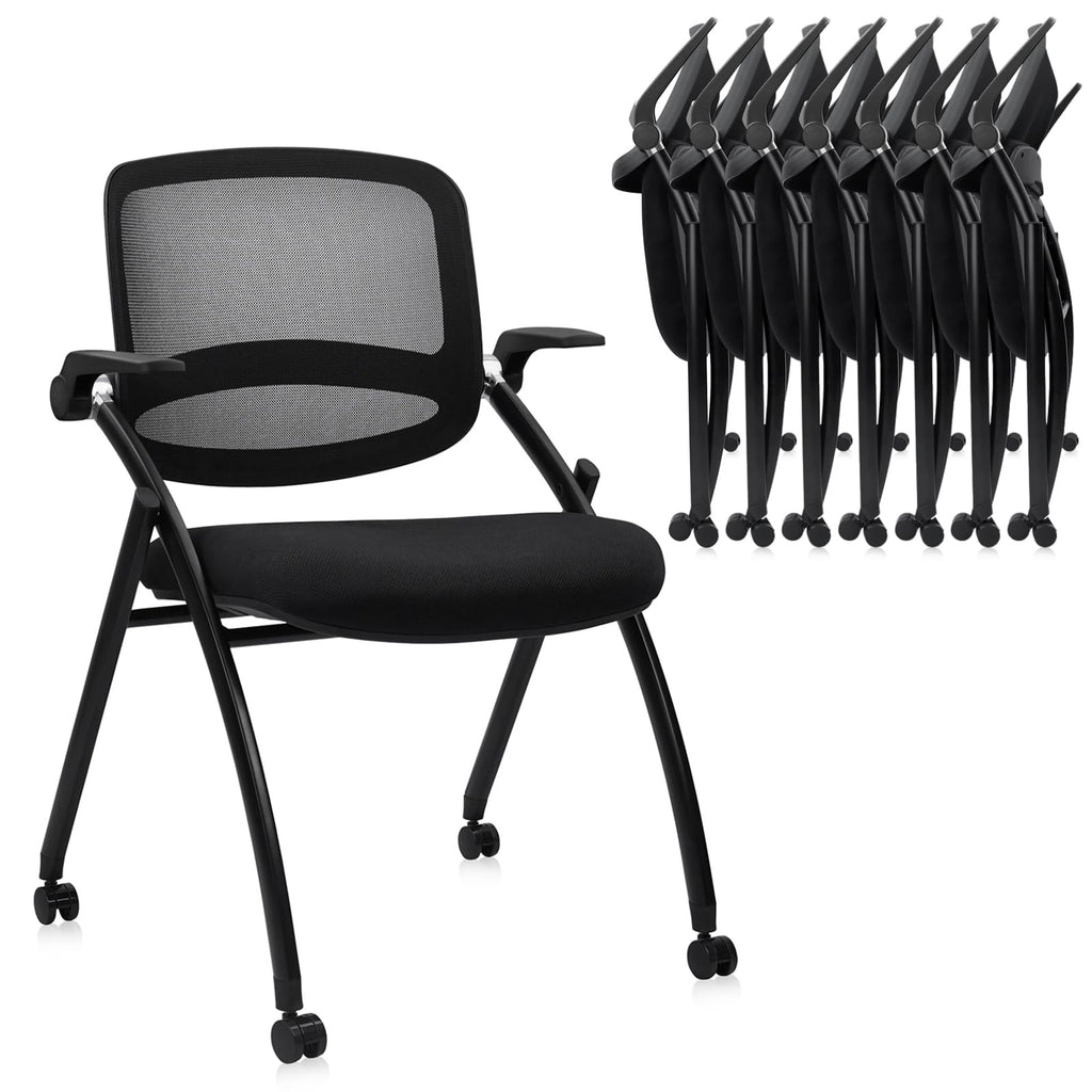 8 Pack, Stackable & Foldable Chairs with Flip Up Armrests, Reception Guest Chairs with Wheels, Ergonomic Curved Mesh Back Folding Chair for Office Meeting Schools Conference Waiting Room