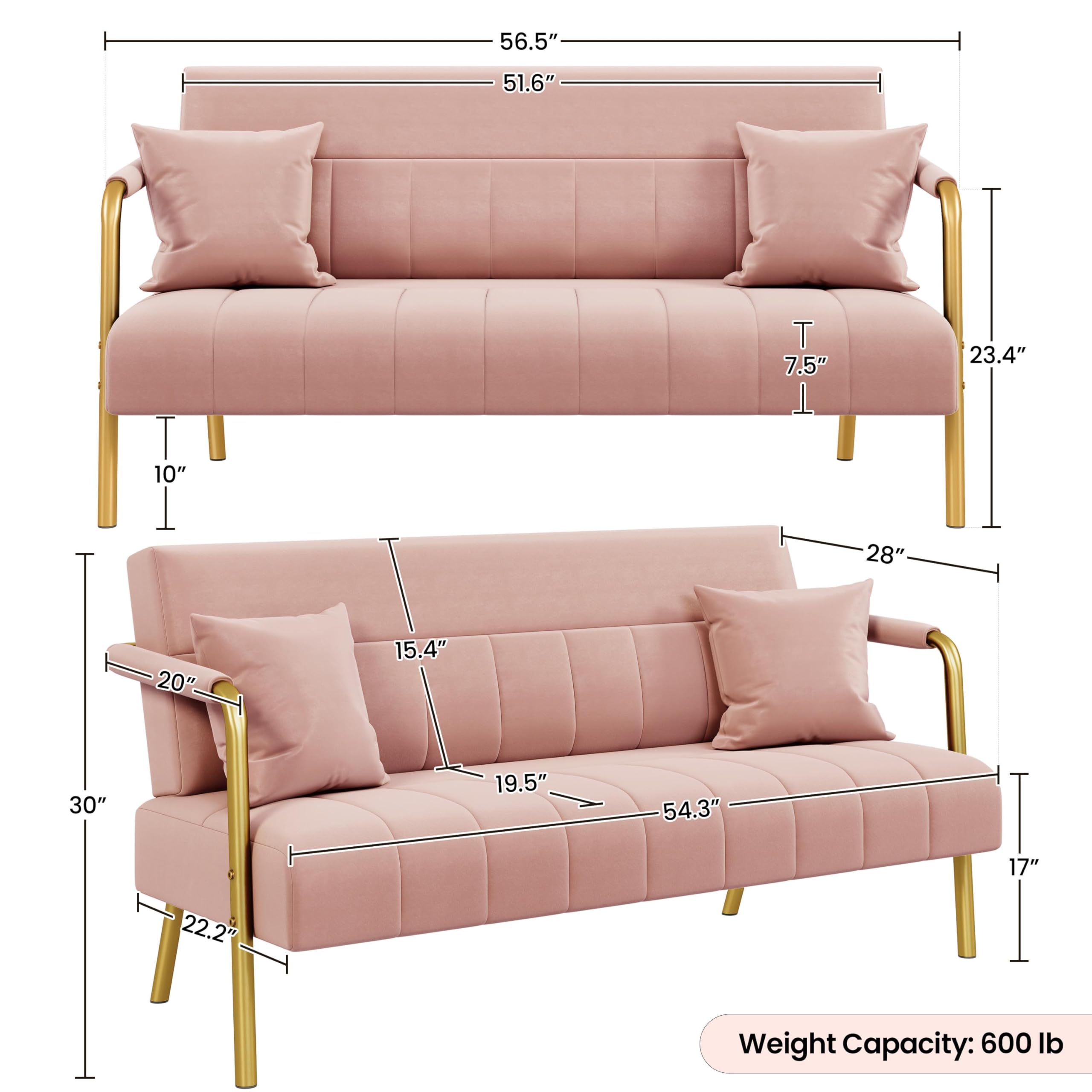 56.5" W Modern Sofa Small Sofa Luxurious Velvet Fabric Couch with Gold-Tone Metal Arms and Legs for Living Room, Office, Studio Pink