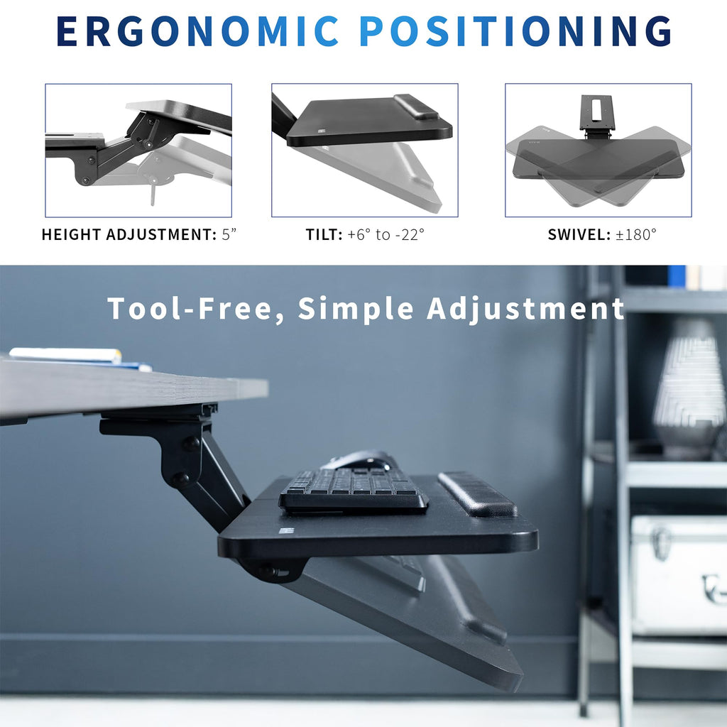 Adjustable Computer Keyboard and Mouse Platform Tray, 34 x 10 inch Ergonomic Under Table Desk Mount Drawer Underdesk Shelf, Black,
