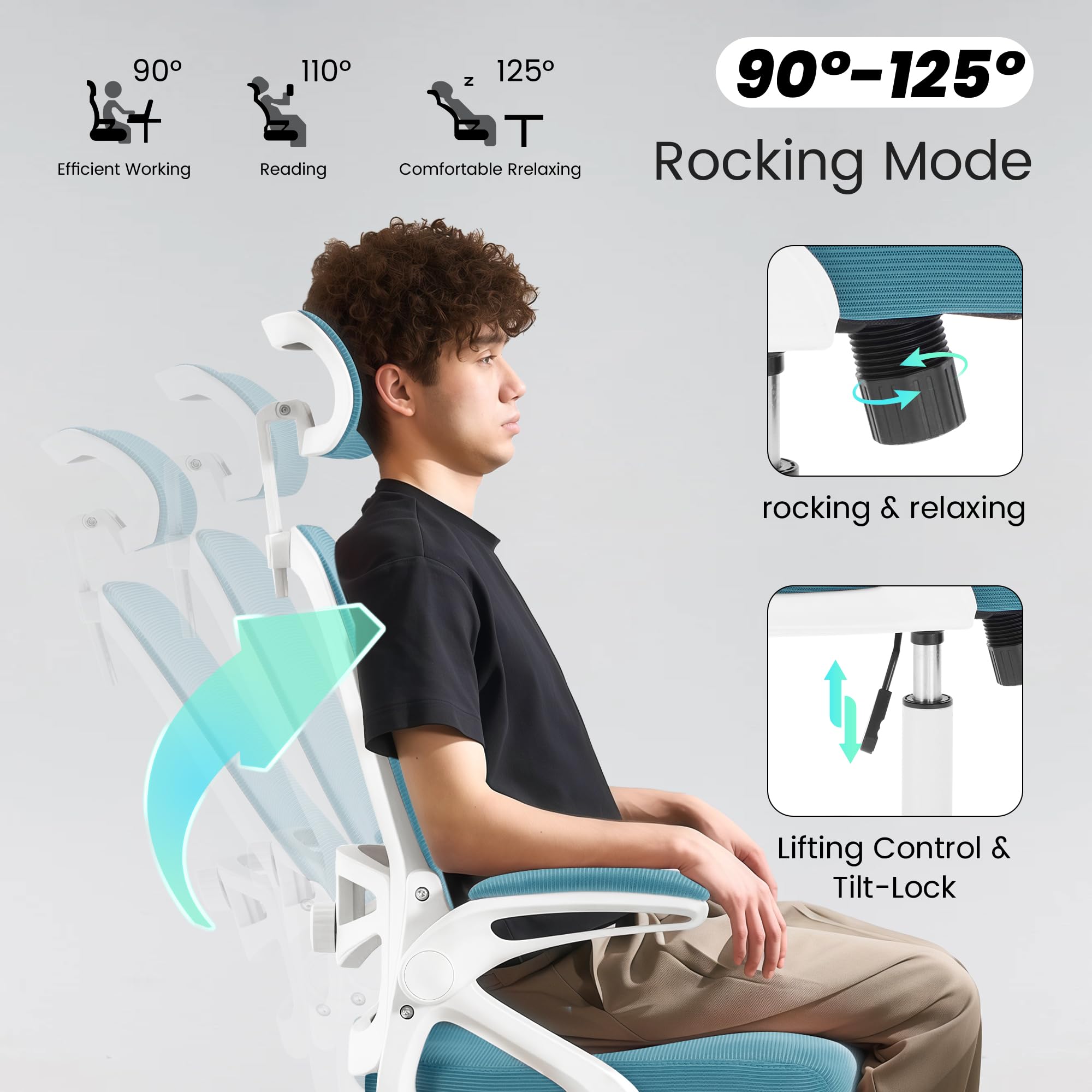Ergonomic Office Chair, 400 LBS Computer Chairs with Adjustable Lumbar Support, Breathable Mesh Desk Chair Ergonomic with Thickened Cushion, Comfy Home Office Desk Chair (Lake Blue)