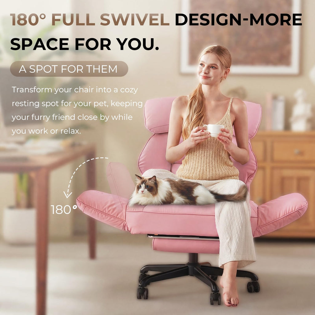 Cross Legged Office Chair with Pivoting Armrests,Criss Cross Chair with Pocket Spring Seat & Back,Reclining Computer Gaming Chair with Footrest and Metal Base (Pink)
