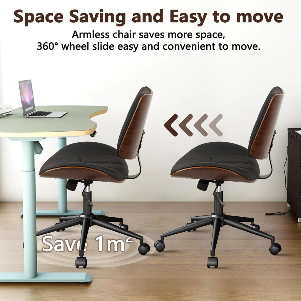 4Pack, Office Chair Armless with Wheels, Mid-Century Modern Walnut Desk Chair, Adjustable Height Reading Chair, PU Leather Mid Back & Swivel Computer Chairs for Home Meeting Room Bedroom, Black