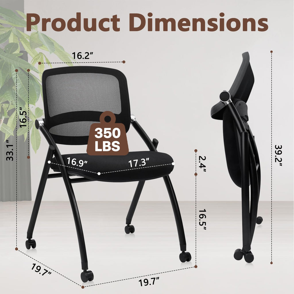 40 Pack, Stackable & Foldable Chairs with Wheels, Reception Guest Chairs with Lumbar Support, Ergonomic Curved Mesh Back Folding Chair for Office Schools Conference Waiting Room, Black