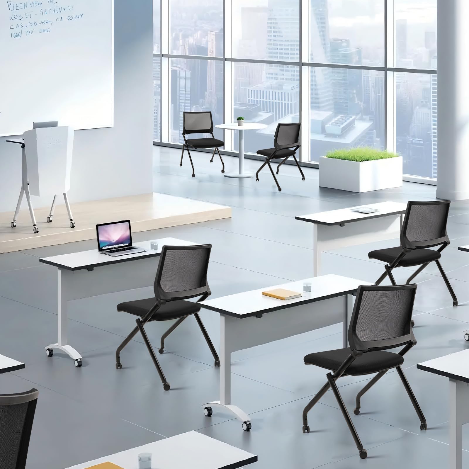 20 Pack, Stackable & Foldable Chairs with Wheels, Reception Guest Chairs with Lumbar Support, Ergonomic Mesh Back Folding Chair for Office Schools Training Conference Waiting Room, Black