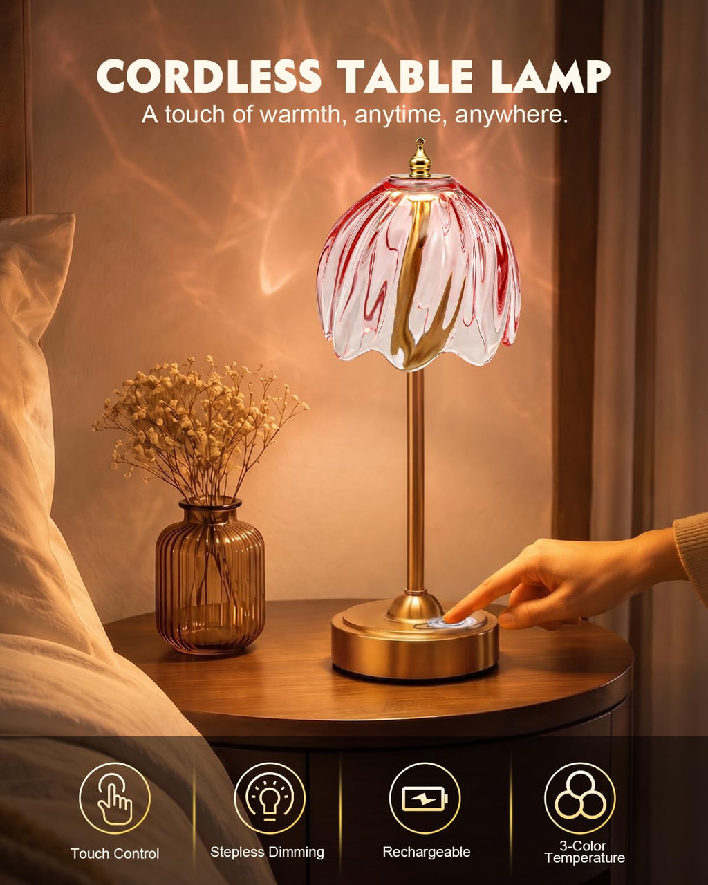 Cordless Flower Table Lamp, 5200mAh Small Rechargeable Touch Lamp