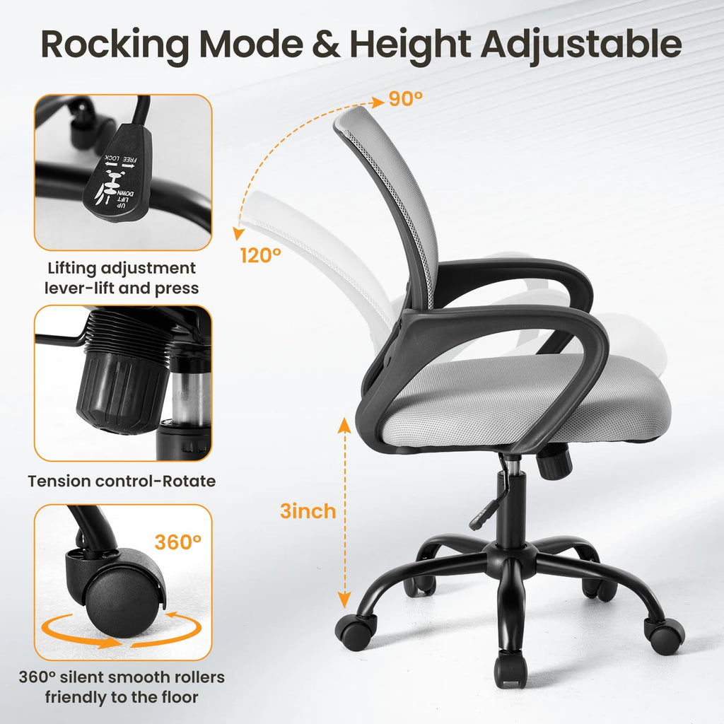 2 Pack, Office Desk Chair - Ergonomic Mid Back with Lumbar Support & Rocking Mode, Height Adjustable with Fixed Armrest, for Home, Computer, Gaming, Conference, Meeting Room, 360° Swivel, Grey