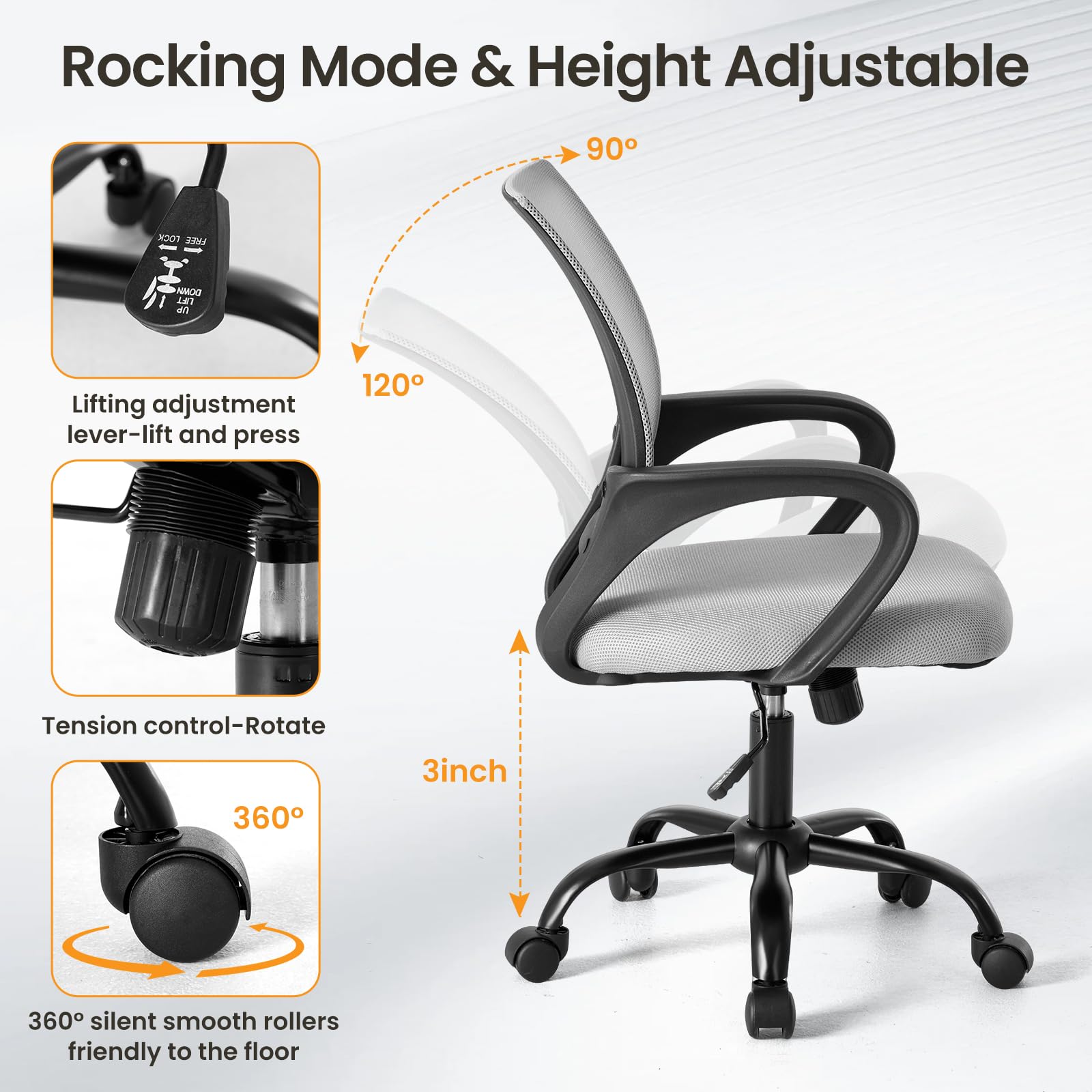 2 Pack, Office Desk Chair - Ergonomic Mid Back with Lumbar Support & Rocking Mode, Height Adjustable with Fixed Armrest, for Home, Computer, Gaming, Conference, Meeting Room, 360° Swivel, Grey