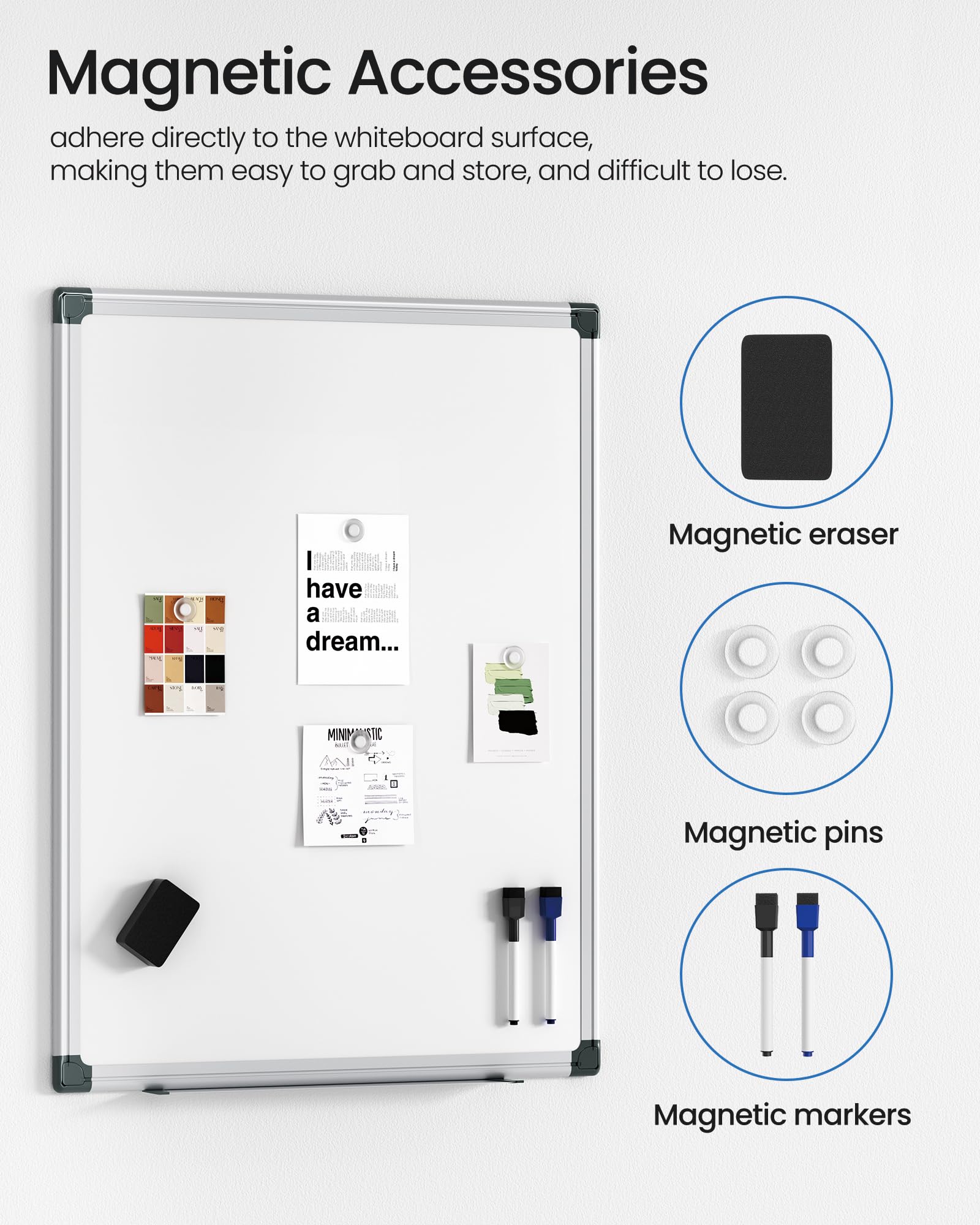 White Board Kit for Wall 24" x 18", 1 Dry Eraser & 2 Multicolor Markers & 4 Magnetic Pins, Sliver Reinforced Aluminum Frame for Home, School, Office