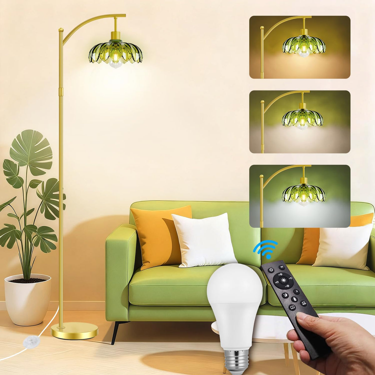 Gold Floor Lamp with Remote Control, Dimmable LED Floor Lamp with 3 Color Temperatures, Adjustable Height Vintage Standing Lamps for Living Room BedroomOffice, Green Glass Tall Lamps Gift Use