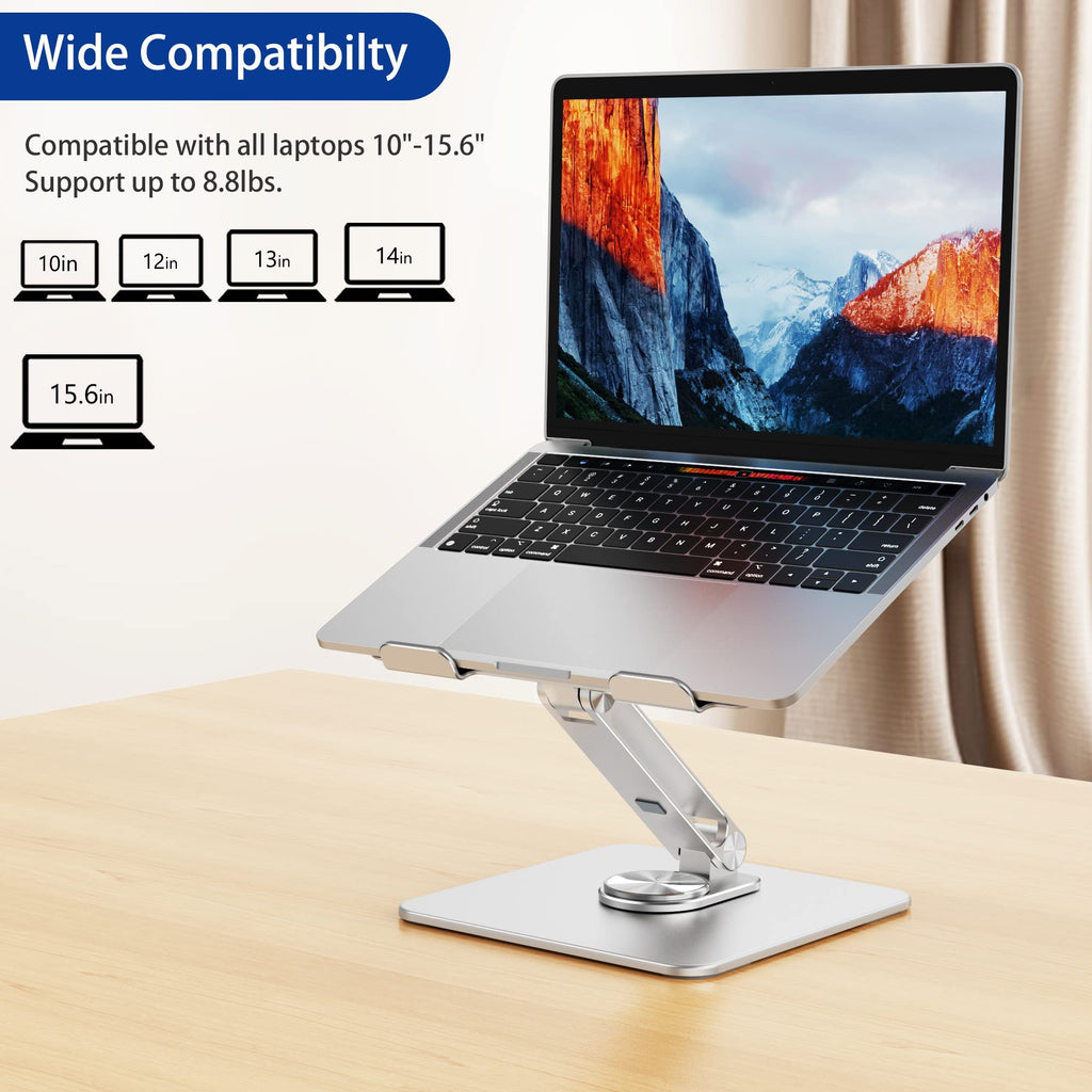 Laptop Stand with 360 Rotating Base, Ergonomic Adjustable Notebook Riser, Foldable Computer Holder Compatible with 10-15.6" Laptops (Silver)