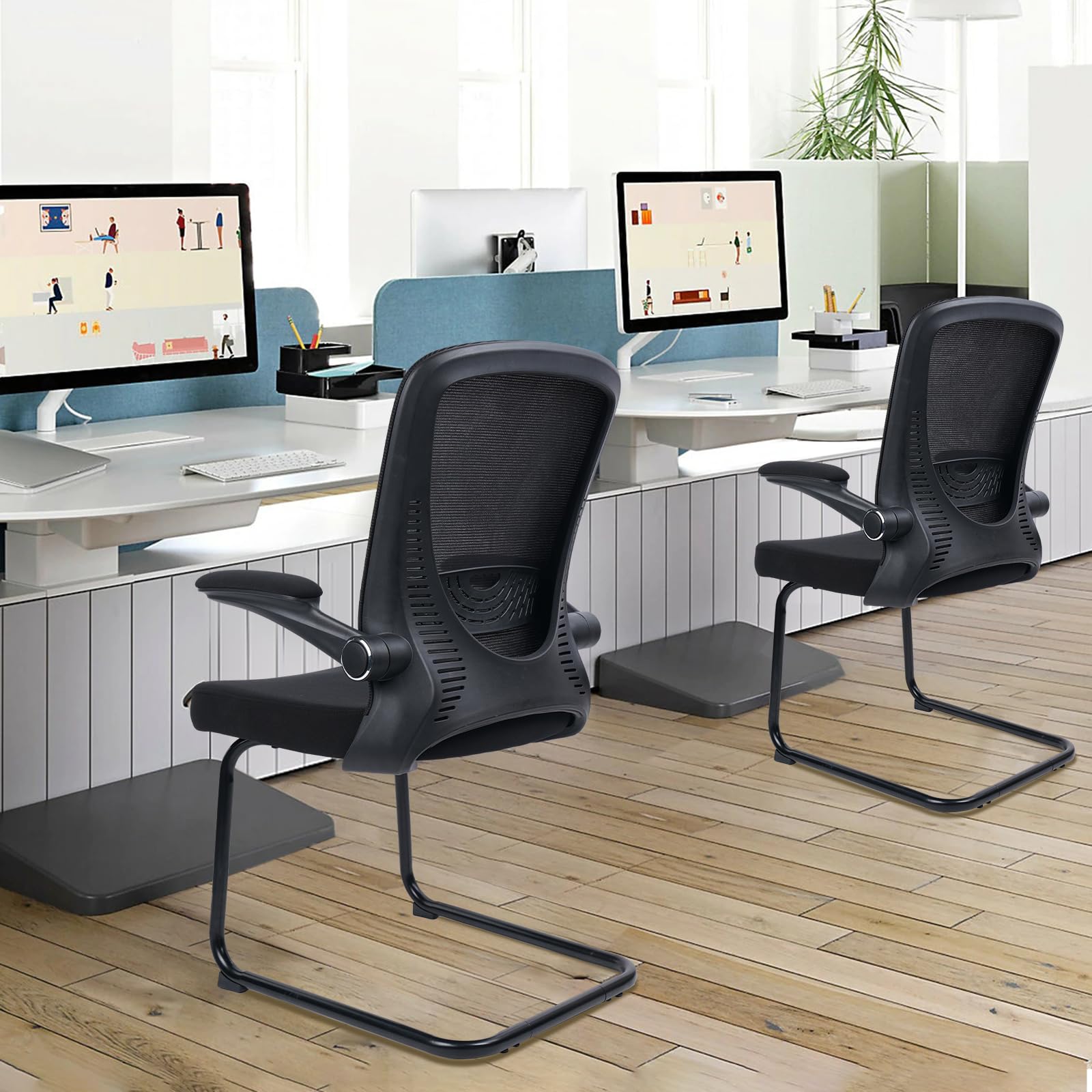 Black (8PK) Office Guest Chair no Wheels, Ergonomic Mesh Desk Chair Adjustable Lumbar Support and Flip Up Arms, Sled Base for Office Guest & Reception Chairs for Conference Room,