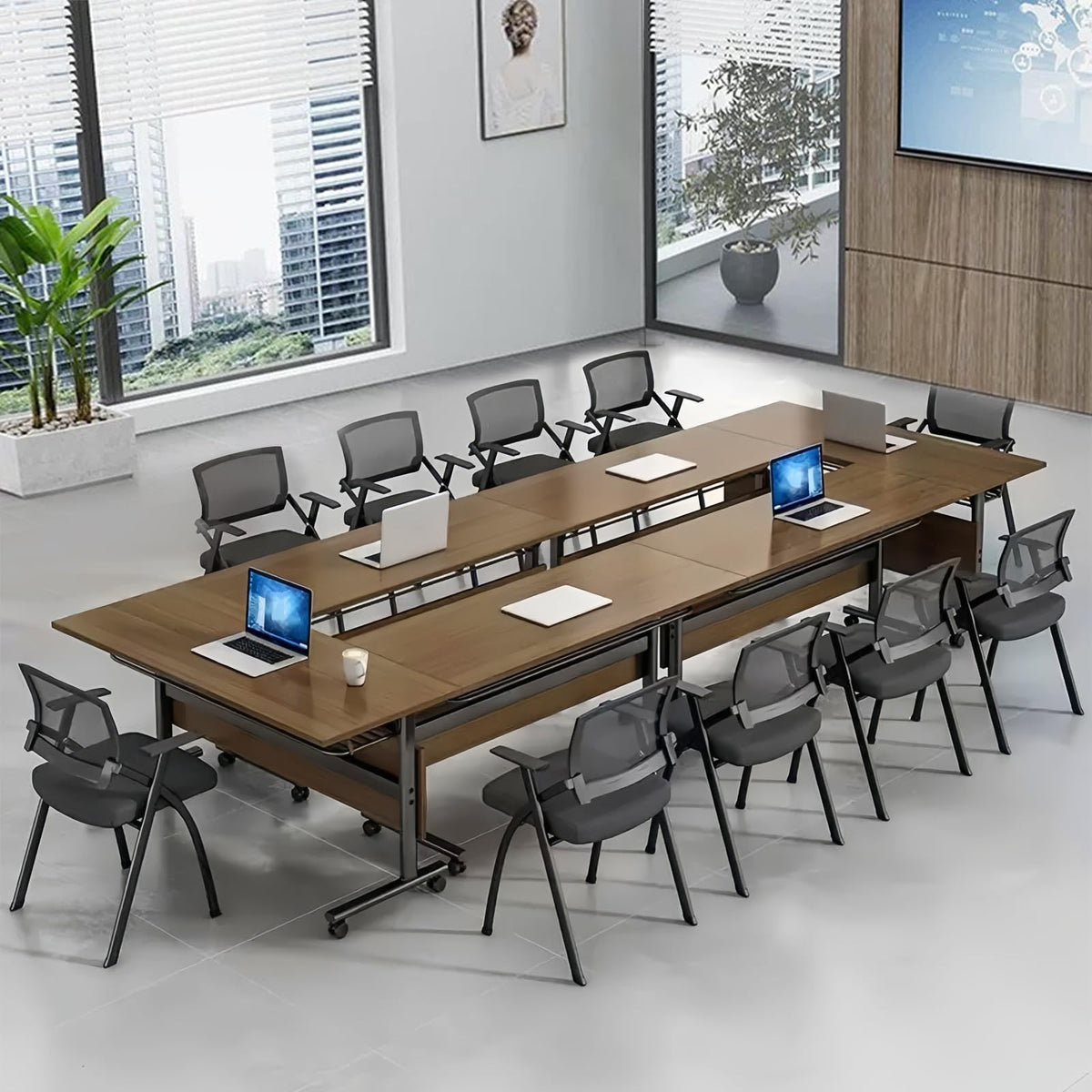 Folding Conference Table with Wheels, Flip-Top, 70.8in, 2 Pack, Walnut 1619
