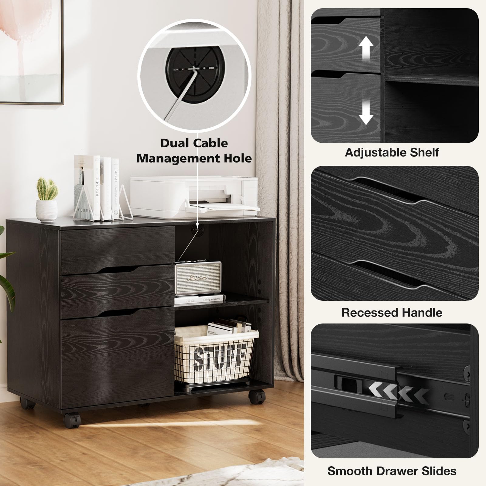 Wood File Cabinet with 3 Drawers, Rolling Printer Stand