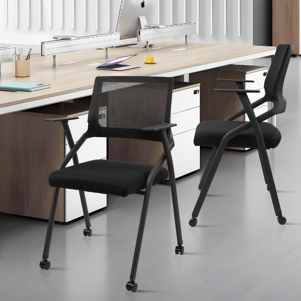 Black (40 pk) Ergonomic Stackable & Foldable Conference Room Chairs, Mesh Office Chair with Arms and Wheels for Office Waiting Room Meeting Lobby Church School Receptions and Training