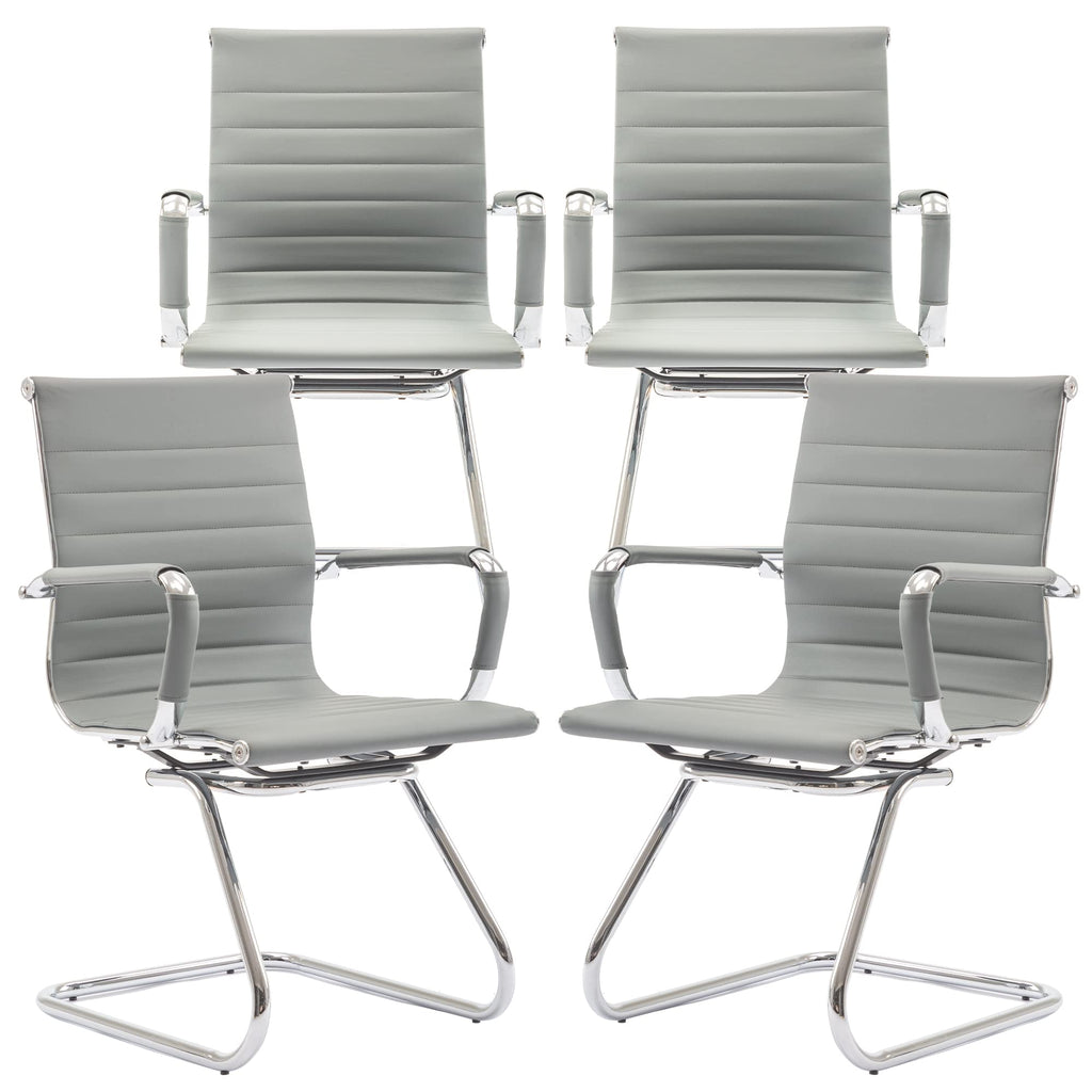 Conference Room Chairs Set of 4, Waiting Room Chairs with Arms, Faux Leather Reception Chairs No Wheels, Office Guest Chairs with Mid Back Support and Chrome Sled Base, Grey