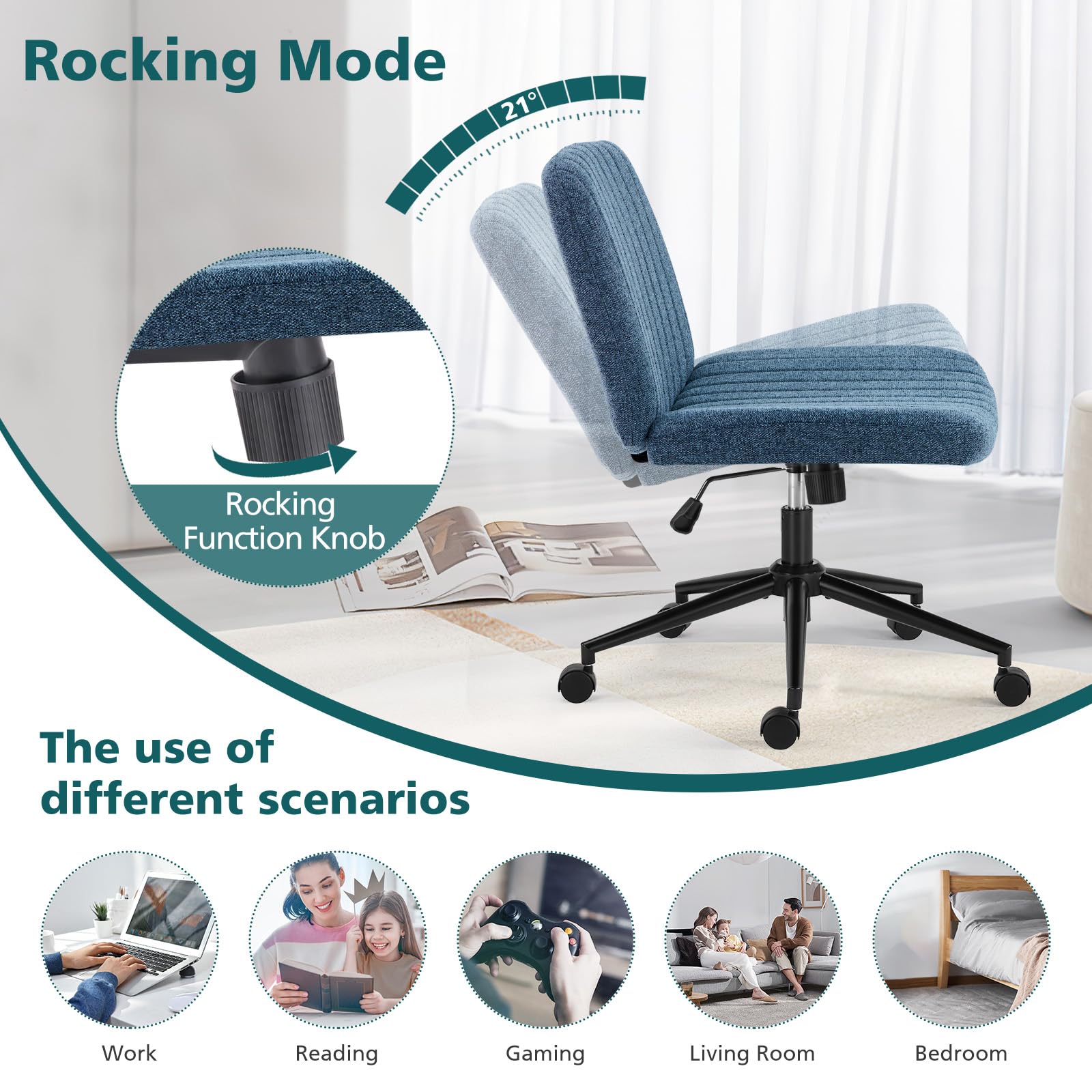 Criss Cross Chair with Wheels Wide Cross Legged Office Desk Vanity Chair Comfy Fabric Armless Height Adjustable Swivel for Home Computer Task Blue