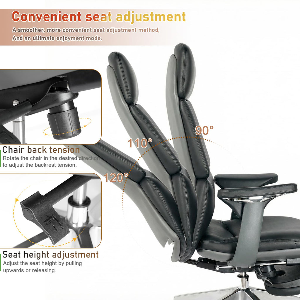 Genuine Leather Office Chair with Flexible Footrest, High Back Executive Office Chair with Lumbar Support, Adjustable Tilt Mechanism, Weight Capacity 400 lbs (Black)