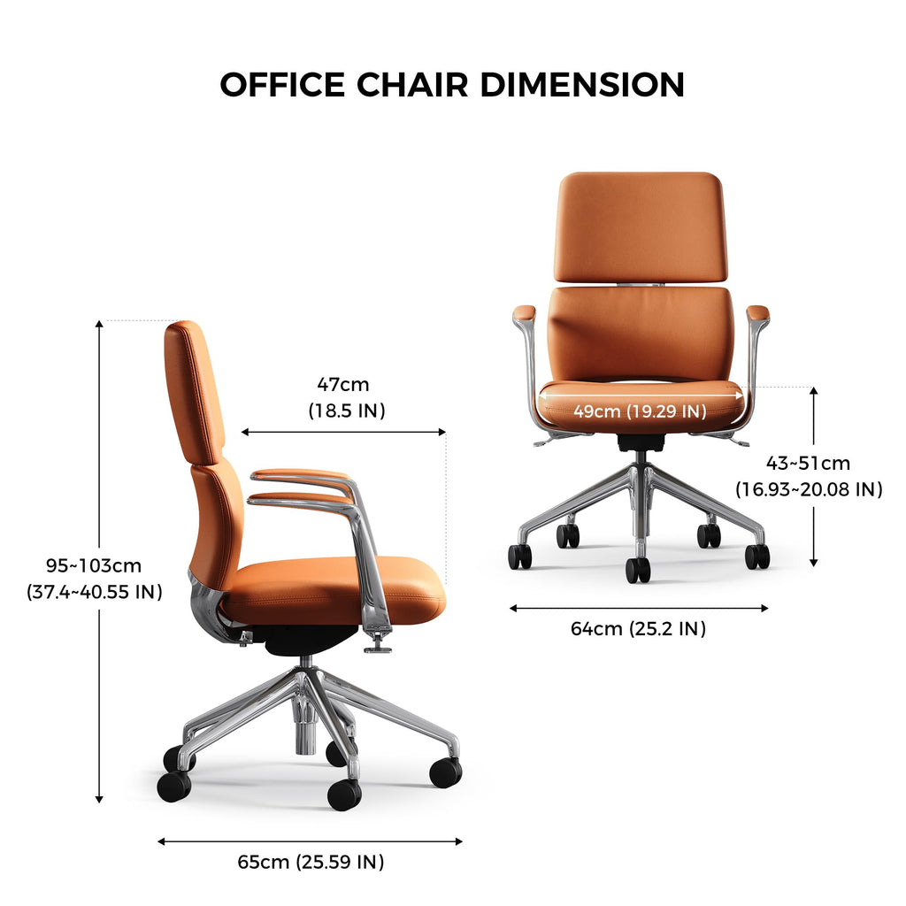 Genuine Leather Office Desk Chair with Wheels, Ergonomic Leather Executive Chair, Mid Back, Swivel Base with Adjustable Tilt, Modern Style, Luxury Aluminum Frame (Orange)