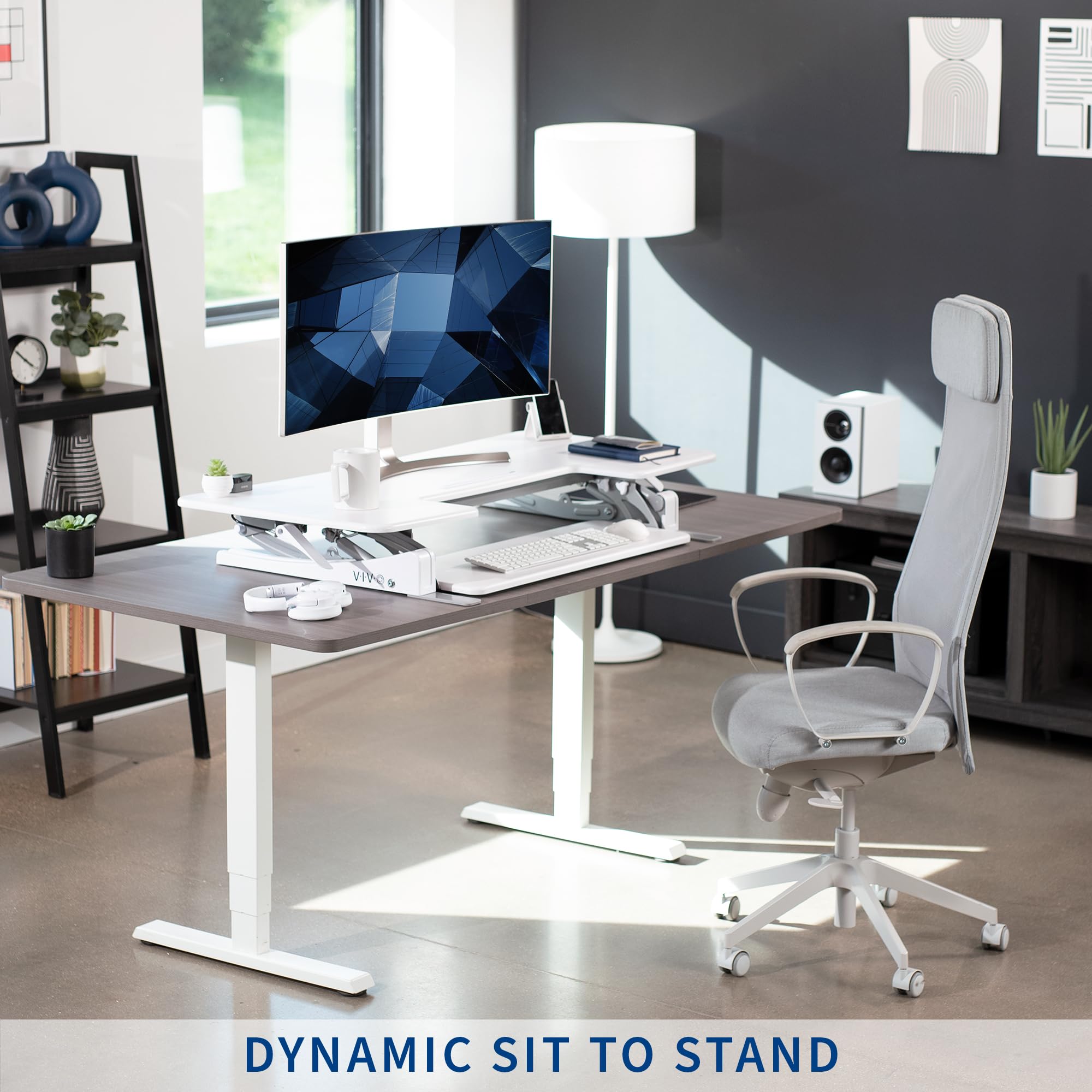 48 inch Height Adjustable Large Stand Up Desk Converter, V Series, Quick Sit to Stand Tabletop Dual Monitor Riser Workstation, White, DESK