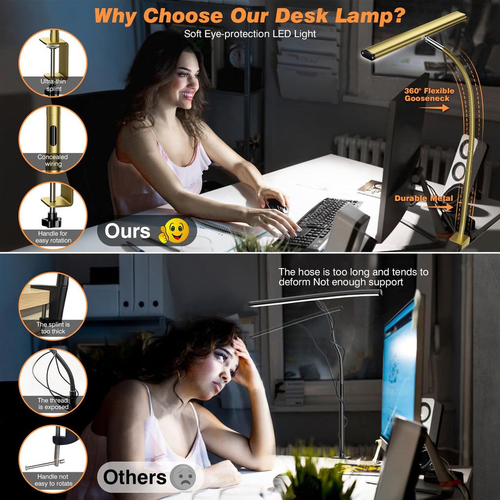 LED Desk Lamp for Office Home, Eye-Caring Desk Light with Stepless Dimming Adjustable Flexible Gooseneck, 10W USB Adapter Desk Lamp with Clamp for Reading, Study, Workbench (Gold)