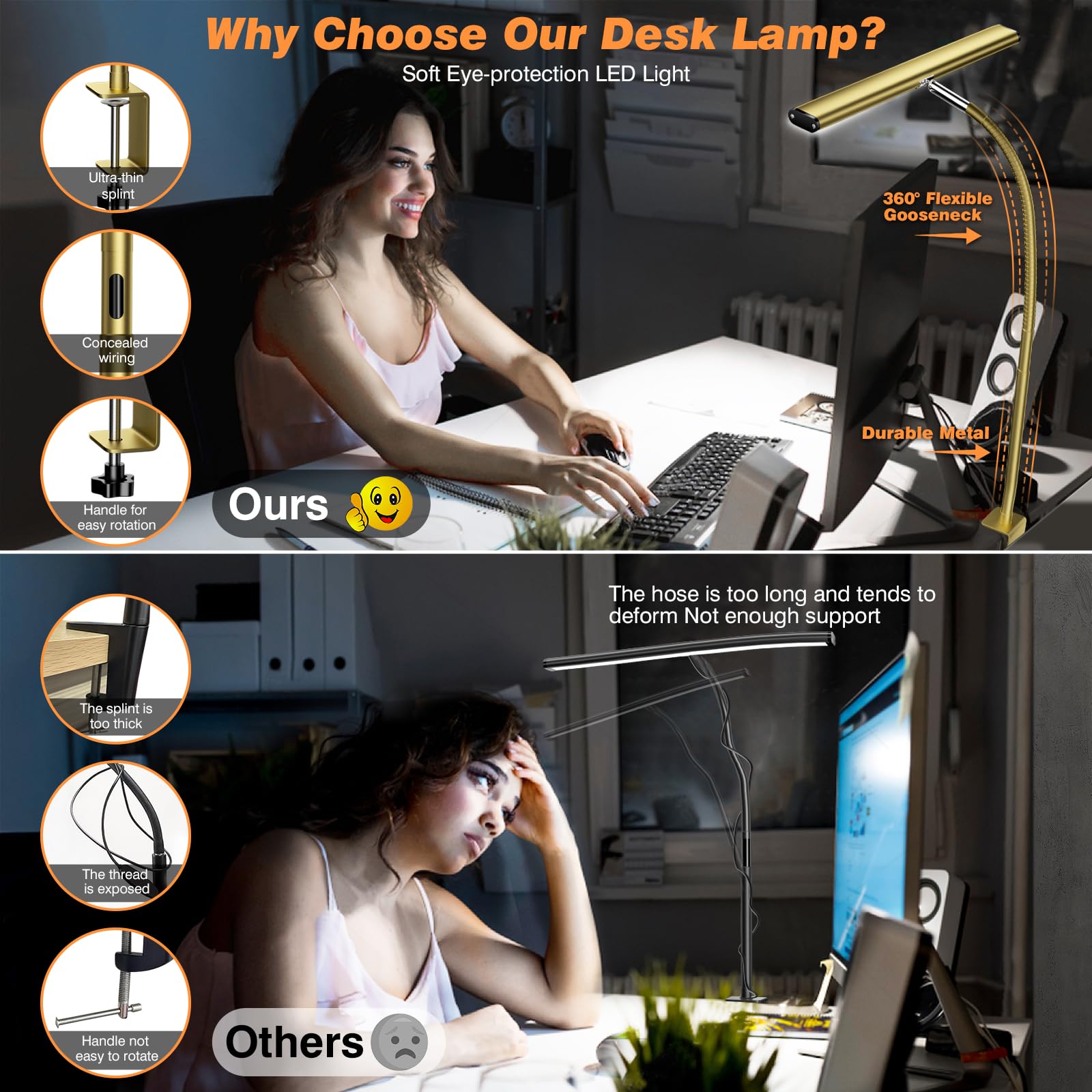 LED Desk Lamp for Office Home, Eye-Caring Desk Light with Stepless Dimming Adjustable Flexible Gooseneck, 10W USB Adapter Desk Lamp with Clamp for Reading, Study, Workbench (Gold)