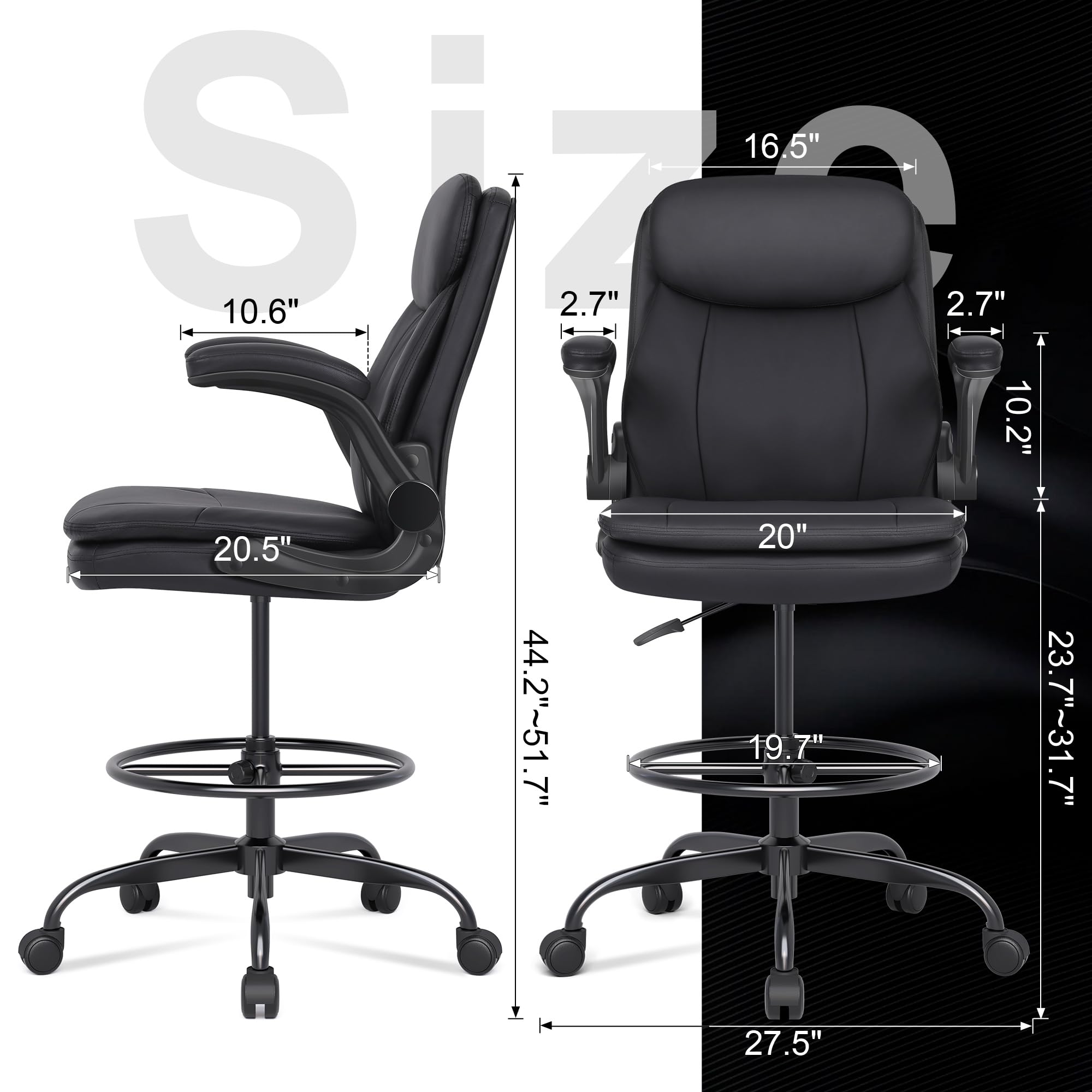 Drafting Chair, Tall Office Chair for Standing Desk, High Leather Executive Office Chair with Adjustable Height and Flip-up Armrest for Counter Height Desk