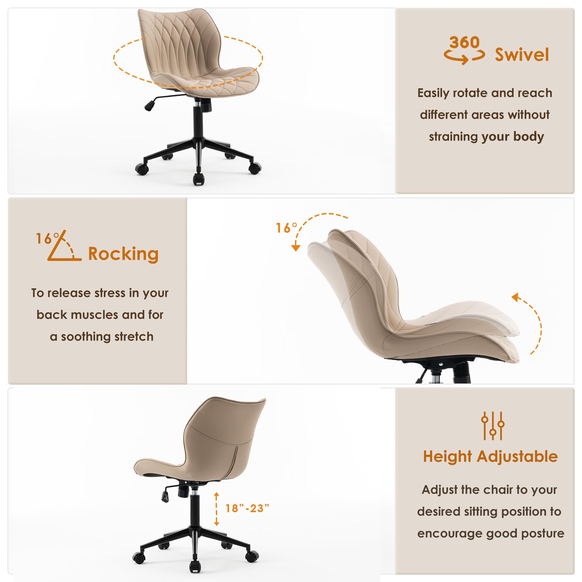 Armless Desk Chair Comfy Office Chair with Wheels Home Ergonomic Task Chair Adjustable Computer Chairs Modern Faux Leather Swivel Chair Upholstered Makeup Vanity Chair with Back(Khaki)