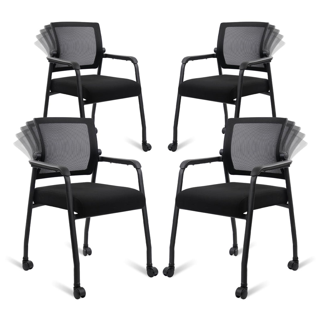 4 Pack Black, Waiting Room Chairs with Wheels, Adjustable Mesh Backrest, Desk Chair with Ergonomic Lumbar Support and Thickened Seats Cushion,