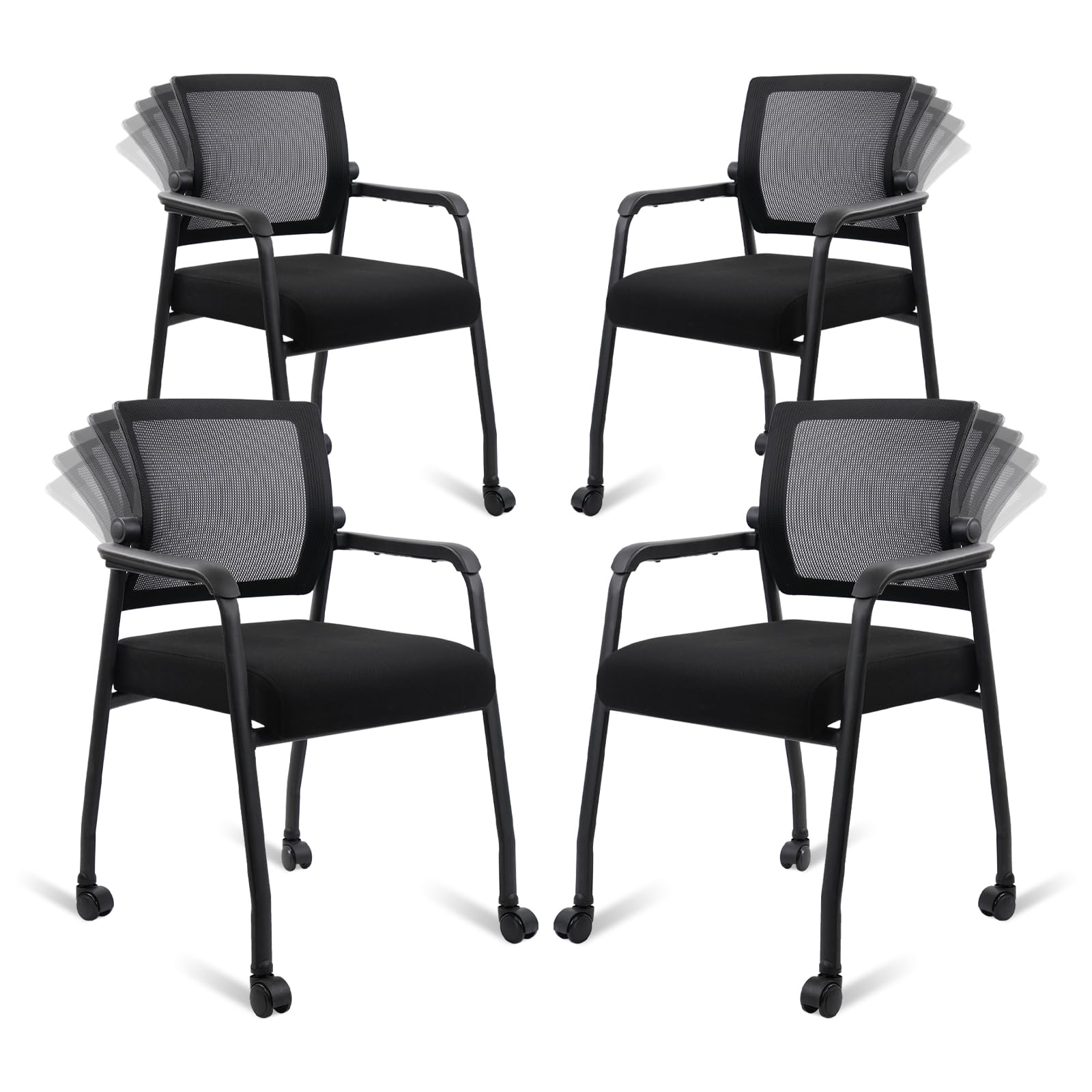 4 Pack Black, Waiting Room Chairs with Wheels, Adjustable Mesh Backrest, Desk Chair with Ergonomic Lumbar Support and Thickened Seats Cushion,