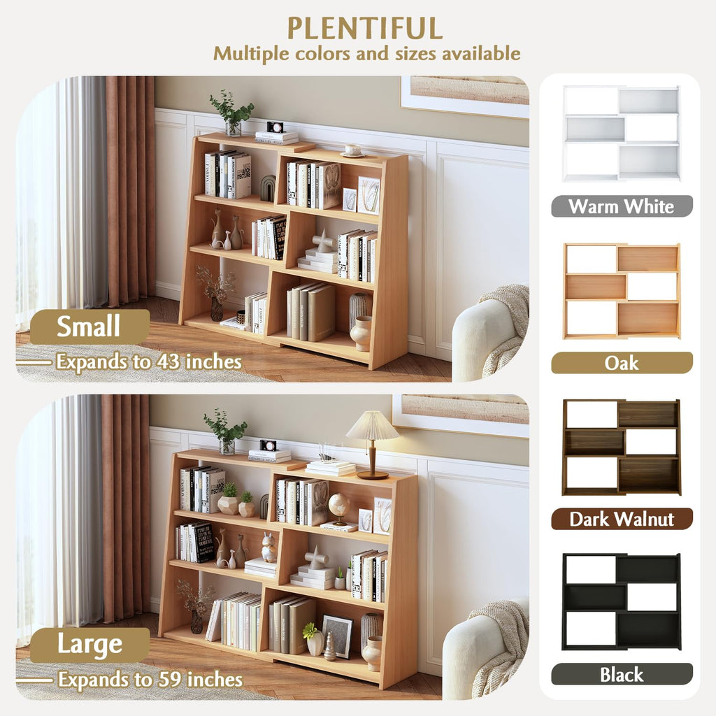 Wooden Extendable Shelf Bookcase, 3-Tier Low Bookshelf, Oak, L