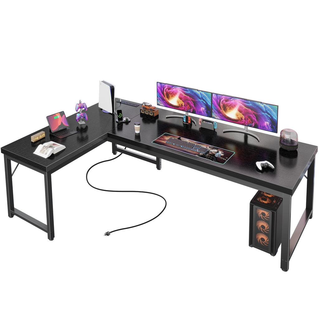 63 Inch L Shaped Desk with Power Outlets and USB-C Port, Reversible Computer Desk, Larger Office Corner Gaming Desk, 0.95 Inch Thicker Desktop, Metal Frame, for Home Office, Study, Black