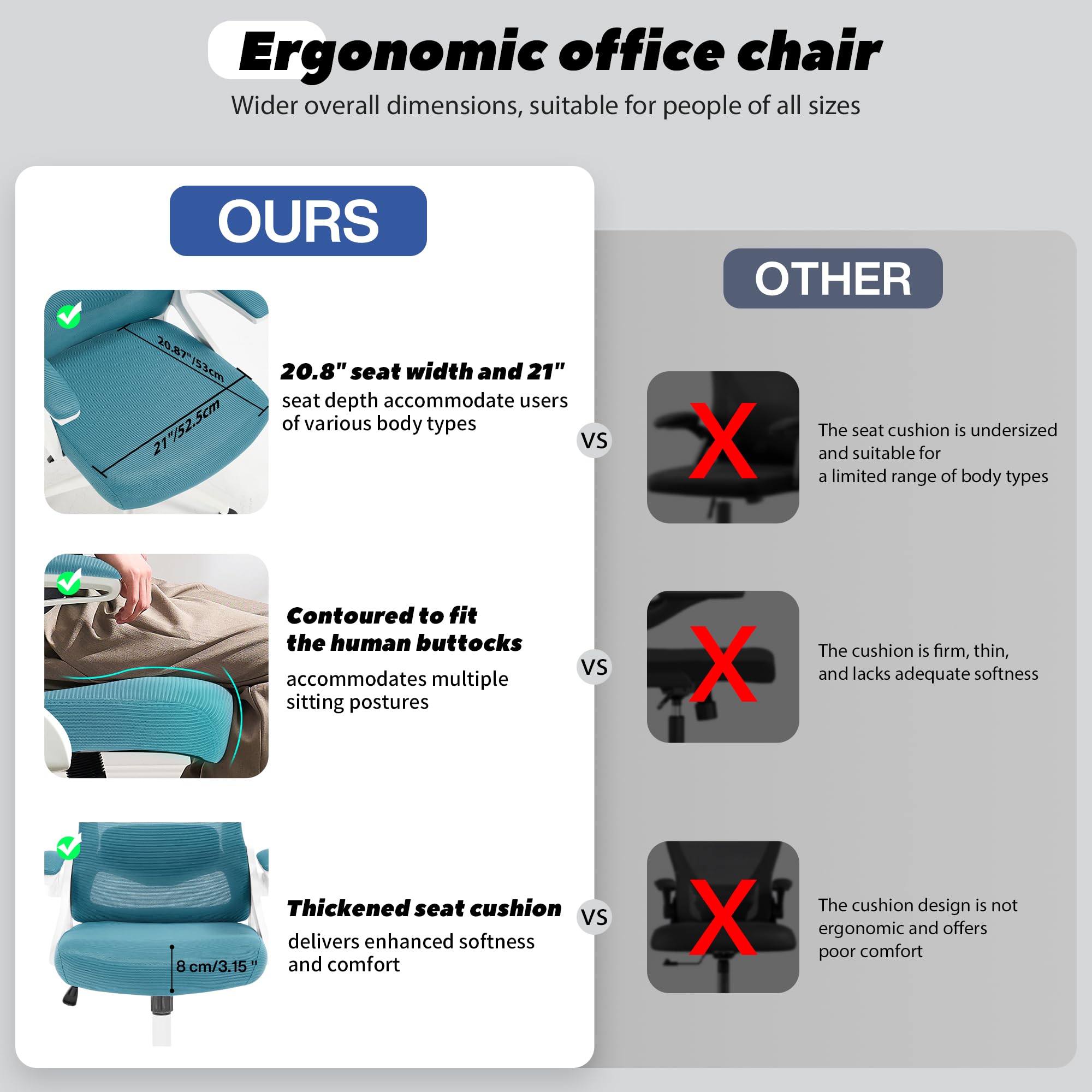 Ergonomic Office Chair, 400 LBS Computer Chairs with Adjustable Lumbar Support, Breathable Mesh Desk Chair Ergonomic with Thickened Cushion, Comfy Home Office Desk Chair (Lake Blue)