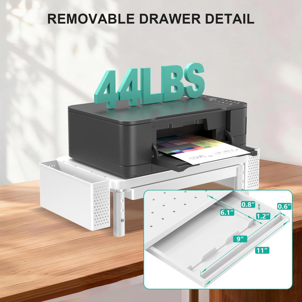 Computer Monitor Stand with Storage, Desk Organizer with Drawer and Pen Holder, Desk Monitor Riser 3 Height Adjustable, Laptop Riser for Computer, Laptop, Printer(PTT003-W), 1 Pack, White