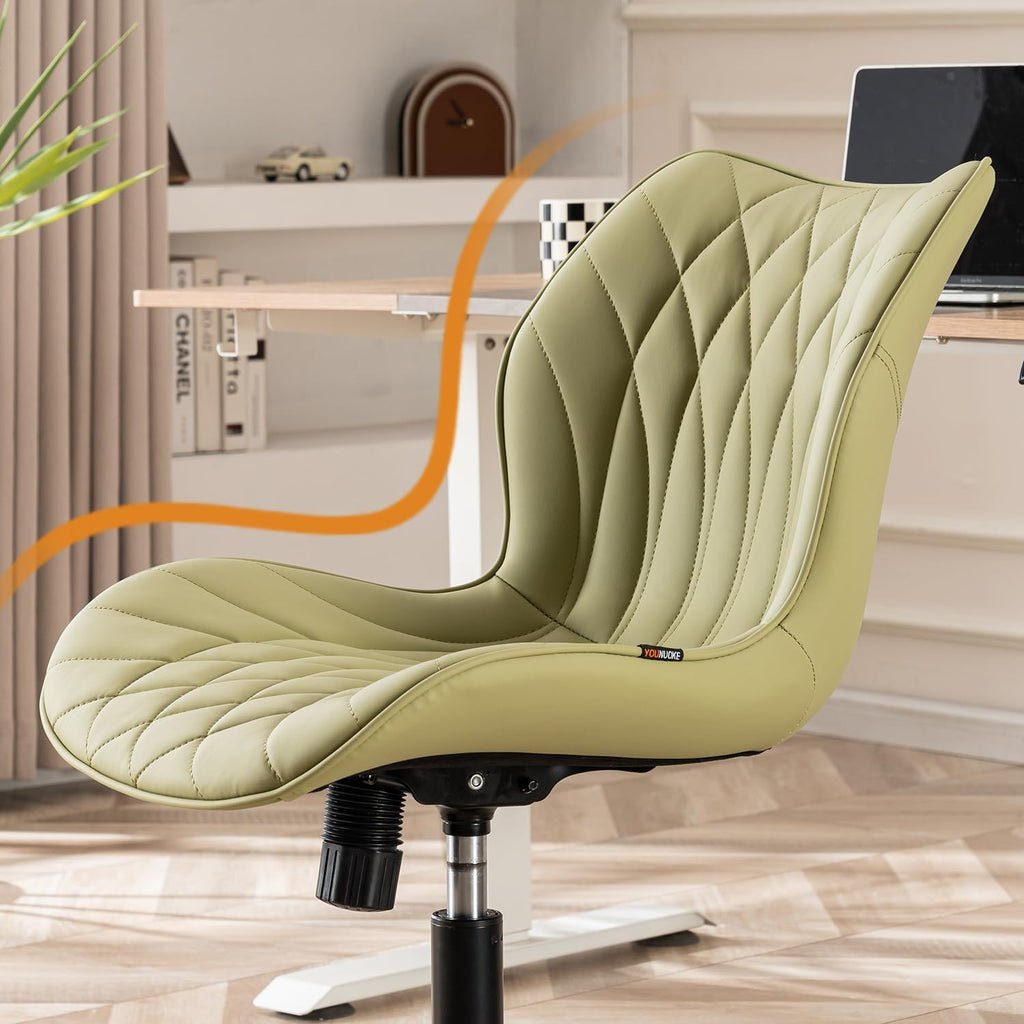Armless Desk Chair Comfy Office Chair with Wheels Home Ergonomic Task Chair Adjustable Computer Chairs Modern Faux Leather Swivel Chair Upholstered Makeup Vanity Chair with Back(Avocado)